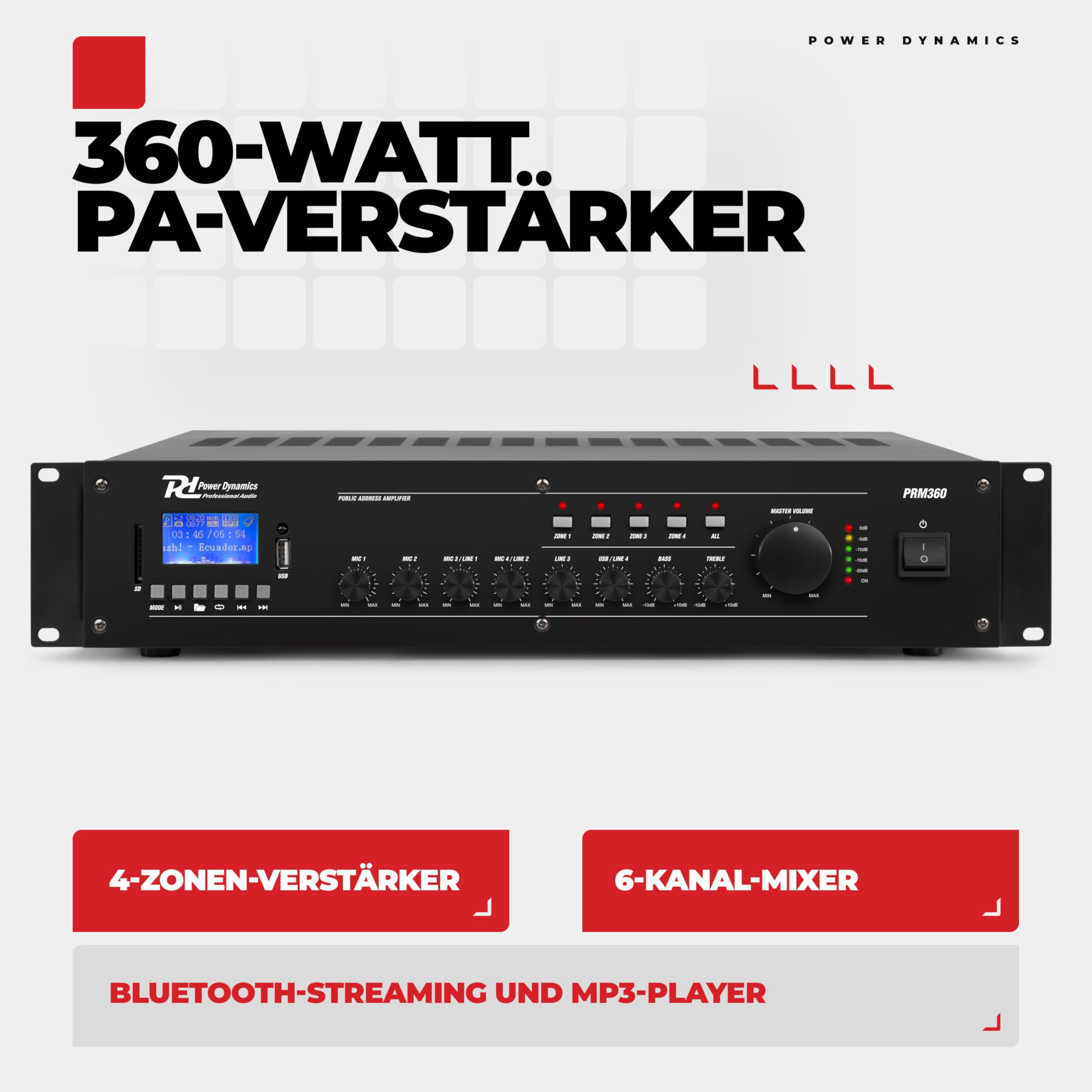 Power Dynamics PRM360 PA Endstufe - Verstärker für Lautsprecher und Musikanlagen, 100 Volt System, 360 Watt PA Verstärker, Bluetooth, MP3-Player, USB, SD, 2x Mic, Soundverstärker