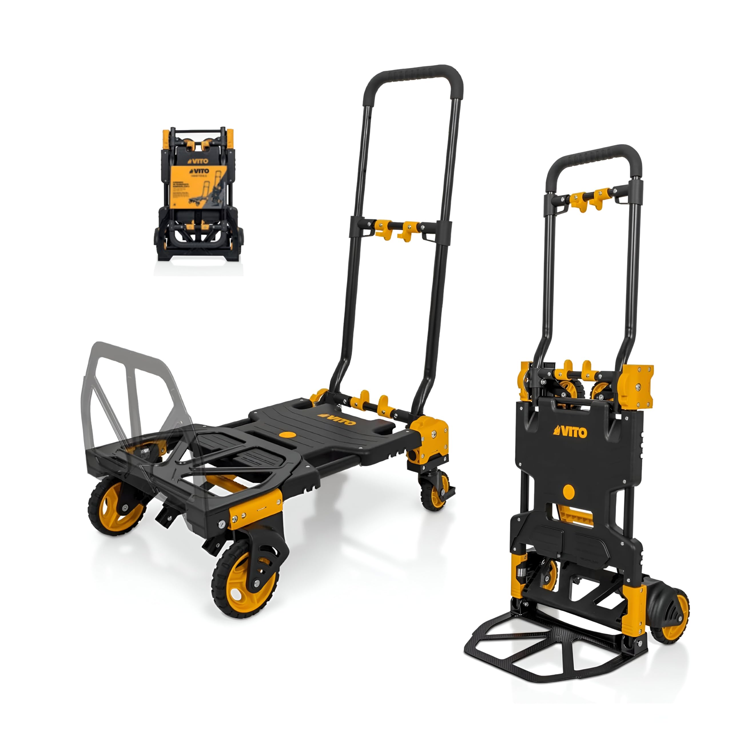 VITO VICTD2137 wytrzymały wózek transportowy 2 w 1 z platformą, składany wózek transportowy (70 kg / platforma 137 kg) – wytrzymałe koła – wózek ręczny z tworzywa sztucznego i stali, 7,2 kg