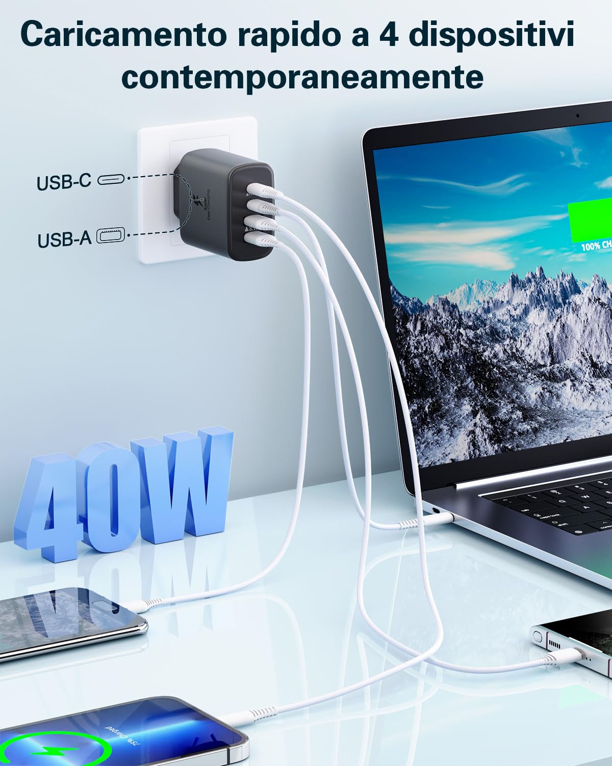 Caricatore USB C Rapido 40W 4-Porto Presa USB Multipla PD+QC 3.0 Carica Cellulare, Spina Alimentatore USBC Caricabatterie per iPhone 16 15 14 13 12 11 Pro Max Plus, Samsung, Spinotto USB Adattatore