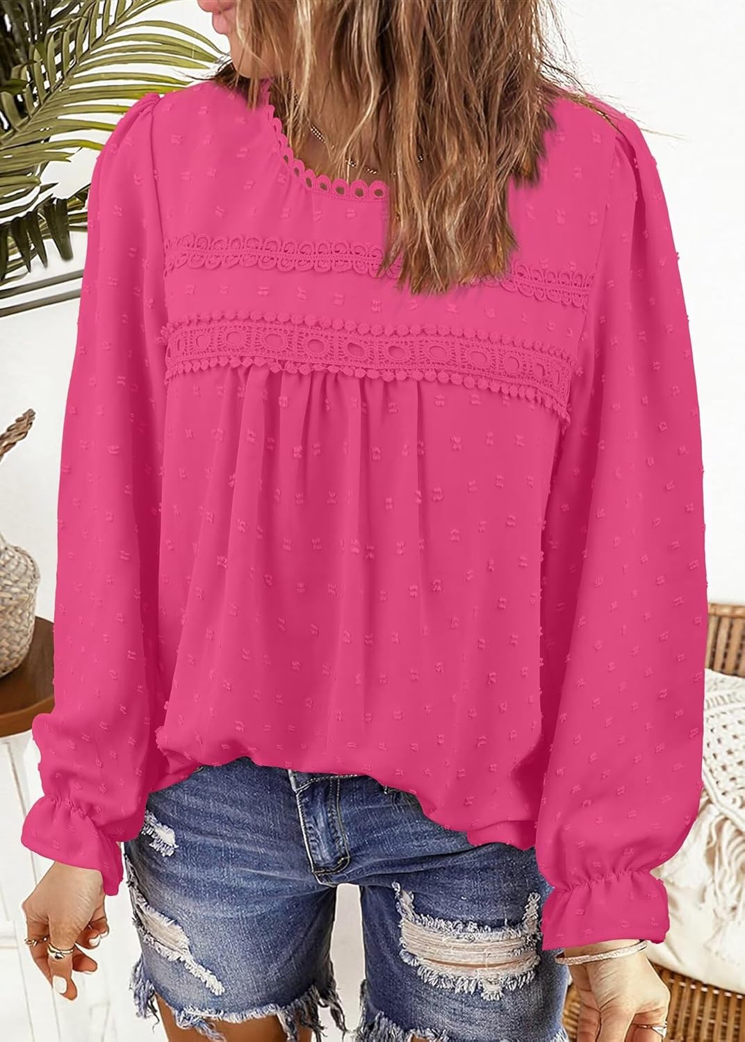 Womens Boho Tops Long Sleeve Shirts For Women Cute Crewneck Blouse Dressy Casual Swiss Dot Crochet Hollow Top 2026 - Image 4