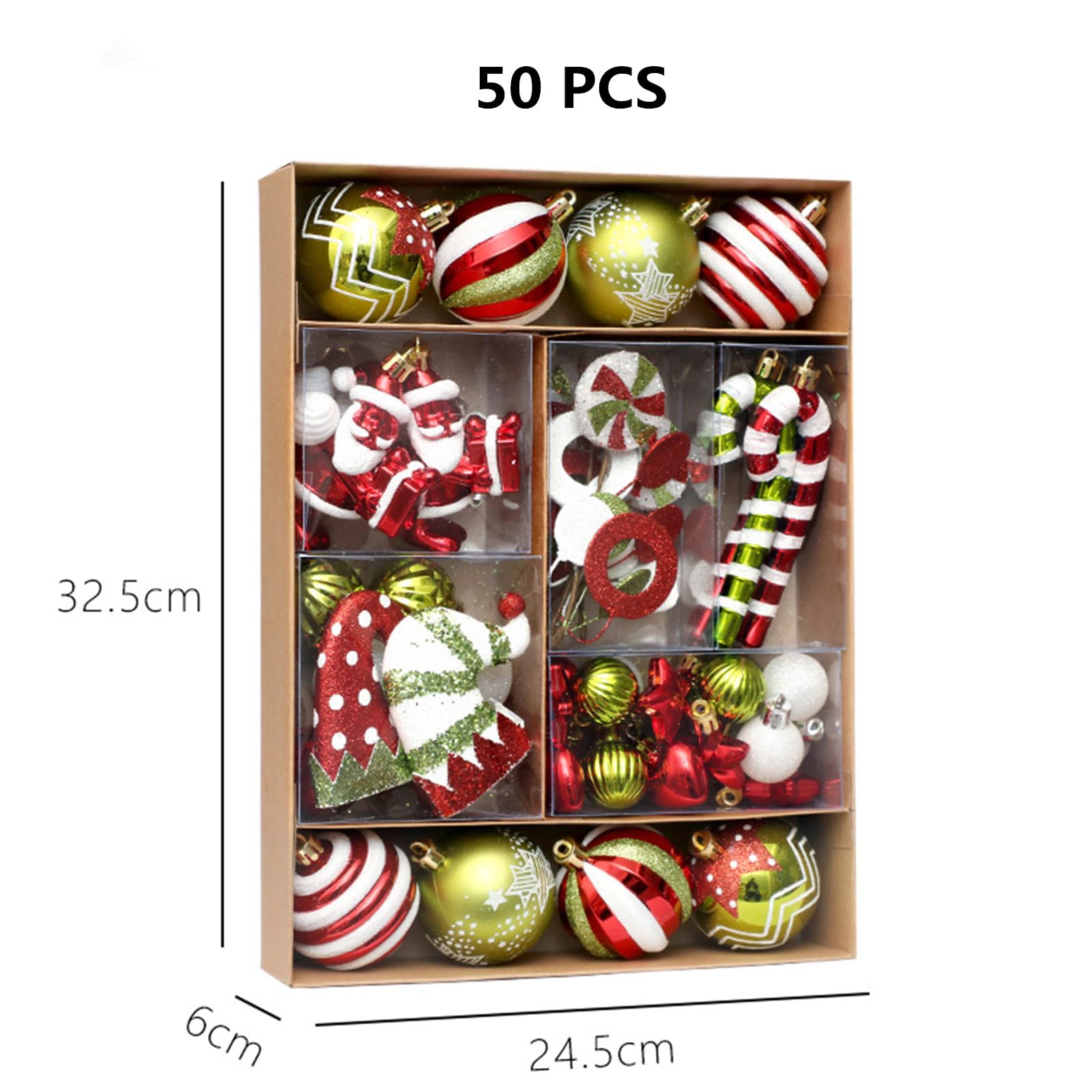 Lot de 50 petites boules de Noël en plastique incassable à suspendre pour sapin de Noël (rouge, vert, blanc)