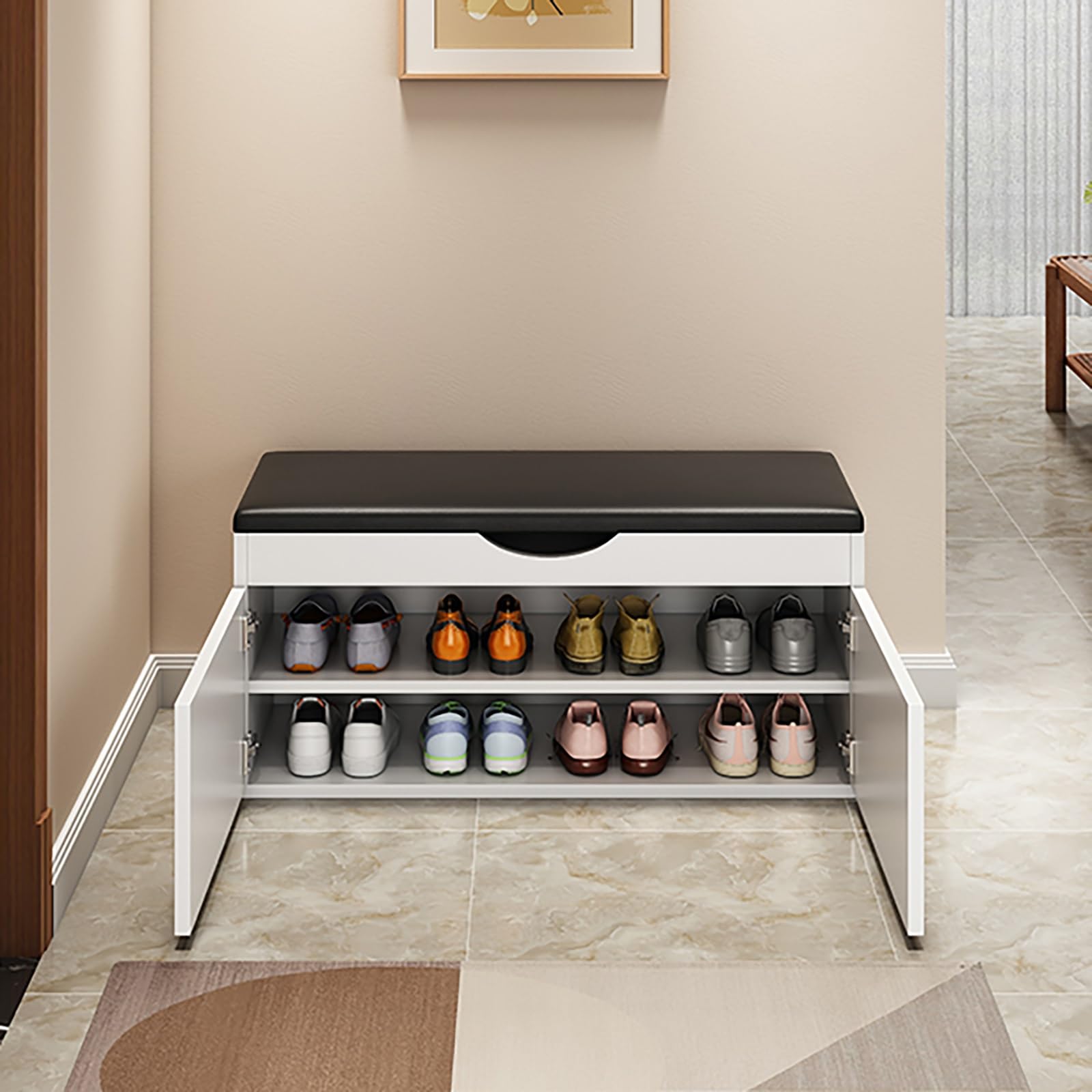 Aioneer Shoe Bench Cabinet With Drawer And Cushion Seat Sturdy Shoe Storage For Entryway Living Room Balcony 2Tier Shoe Rack For Porch Entrance Natural Wood Finish,Grey 100Cm-White-100cm