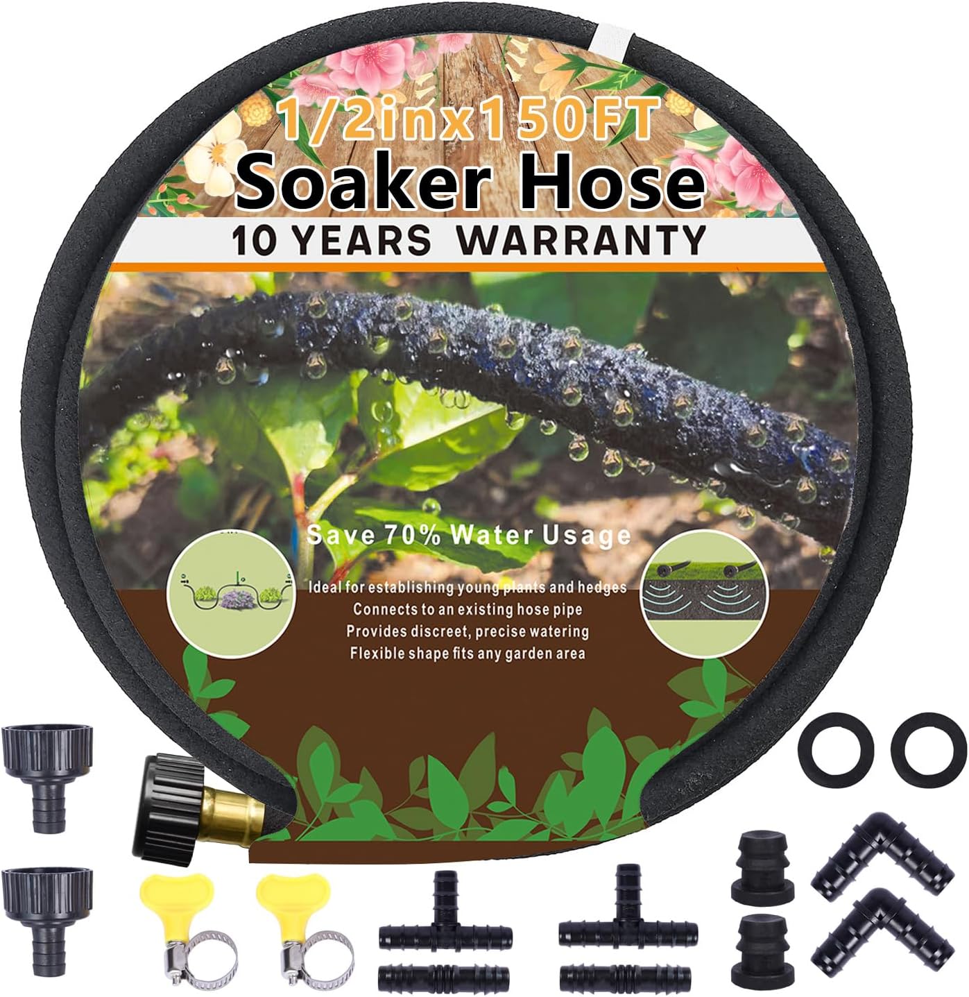 1/2’’ Soaker Hose for Garden 150Ft, Heavy Duty Garden Soaker Hose 150 Ft, Drip Garden Watering Hose Irrigation System And 20 Pack 7.3" Strong Plastic Garden Hose Holder