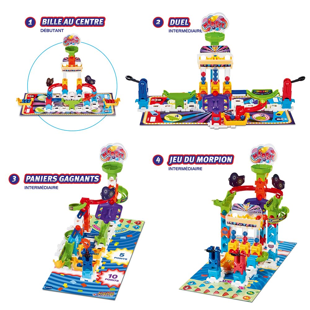 VTech - Marble Rush, Circuit à Billes Gaming Set S300, Jeu de Construction, 62 Pièces, 12 Billes, 1 Tapis de Jeu Recto Verso et 6 Jetons, Cadeau Enfant Dès 4 Ans - Contenu en Français
