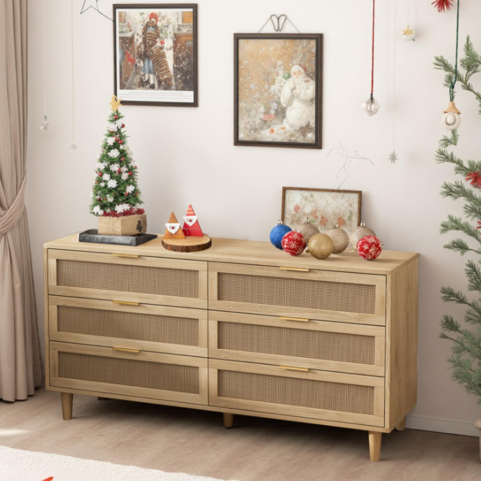 NTYUNRR Rattan Dresser for Bedroom with 6 Drawer, 59.06" Boho Dressers for Bedroom, Modern Wooden Chest of Drawers, Storage Cabinet with Gold Handles,