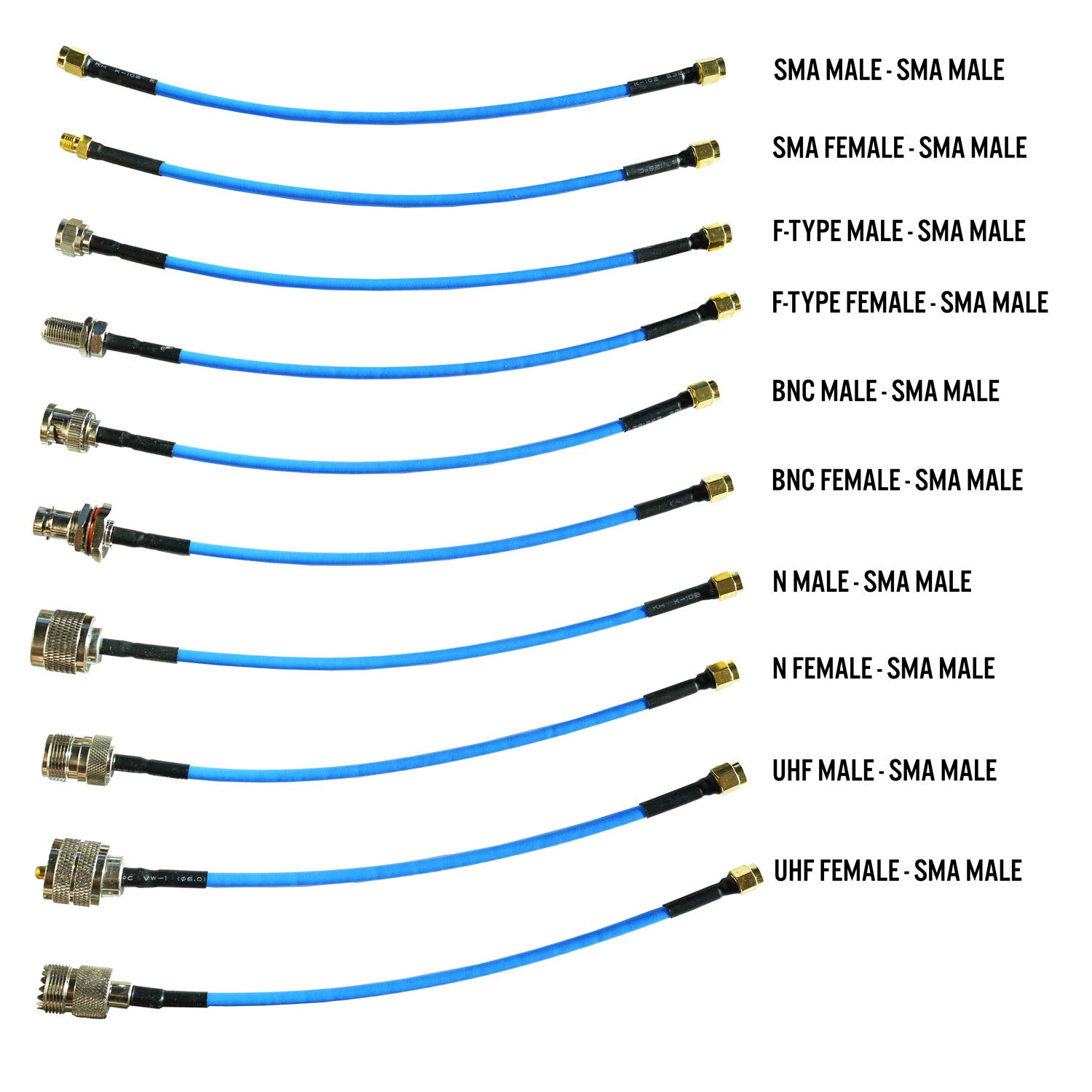 RTL-SDR Blog SMA Male to SMA, BNC, Type N, Type F, UHF M+F RG402 20cm 10pc Pigtail Adapters Kit