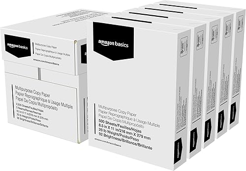 Amazon Basics Papel para impresora multiusos, 20 libras, 8.5 x 11 pulgadas, 5 resmas (2500 hojas), 92 brillantes, blanco