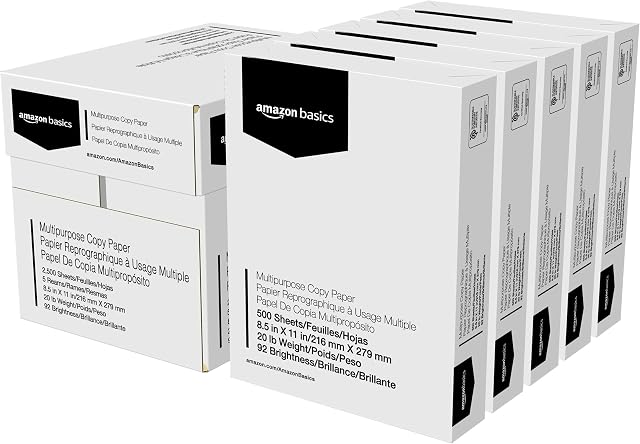 Amazon Basics Papier à copier polyvalent, 8.5" x 11", 20 Lb, 5 Des rems, 2500 Feuilles, 92 Lumineux, blanc