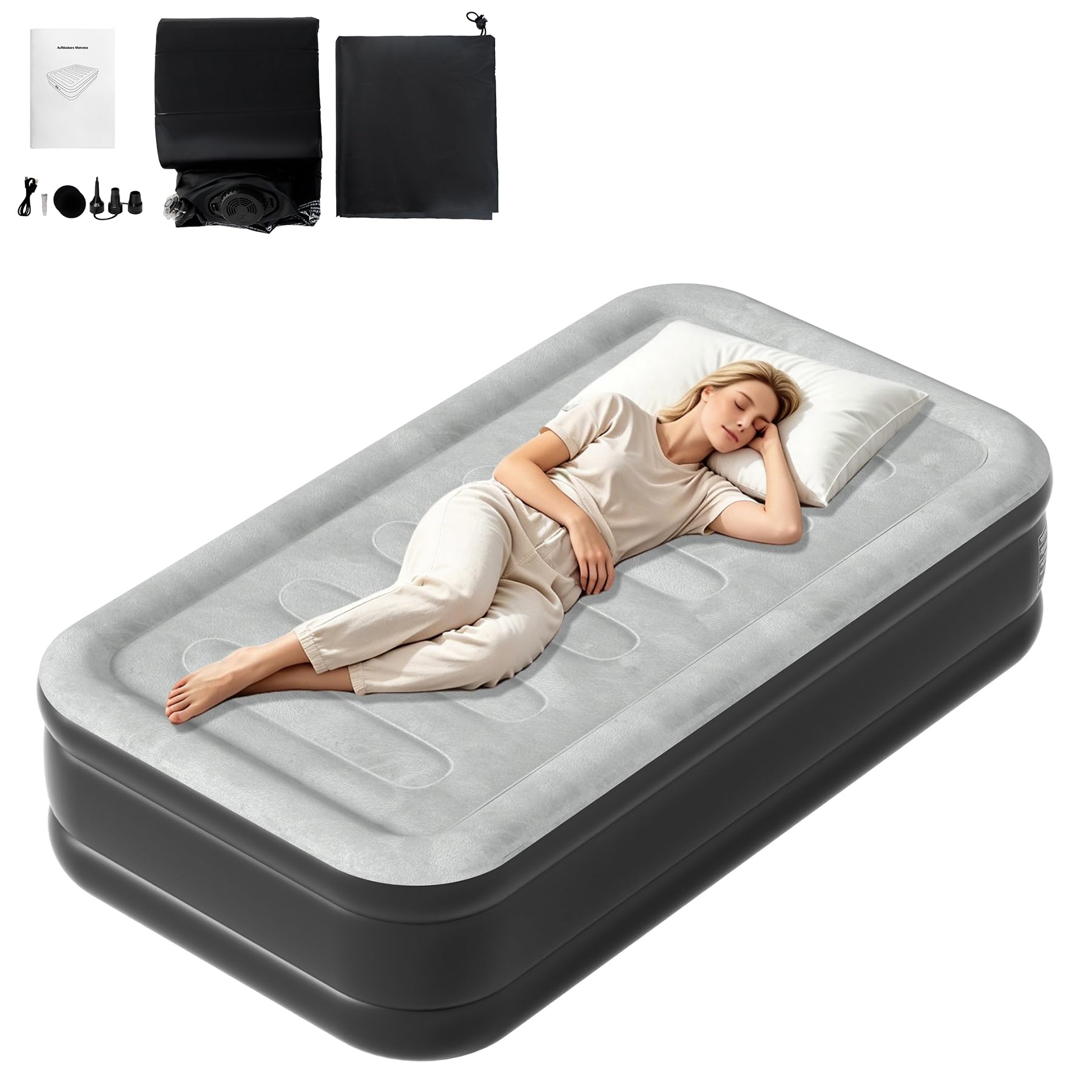 LARS360 Luftmatratze Selbstaufblasend Gästebett Aufblasbare Matratze mit Luftpumpe, 187 x 90 x 46 cm Geeignet für 1 Person, Luftbett inkl.Tragetasche für Camping/zu Hause, Bis 300kg Schwarz Grau