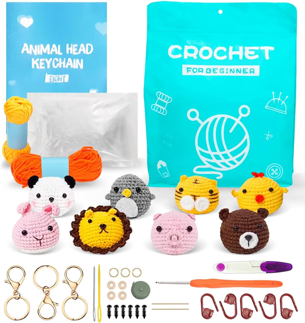 8Pcs Crochet Kit for Beginners With Step by Step Videos, Animal Knitting Kit for Adults, Family Days Craft Project, Starter Set