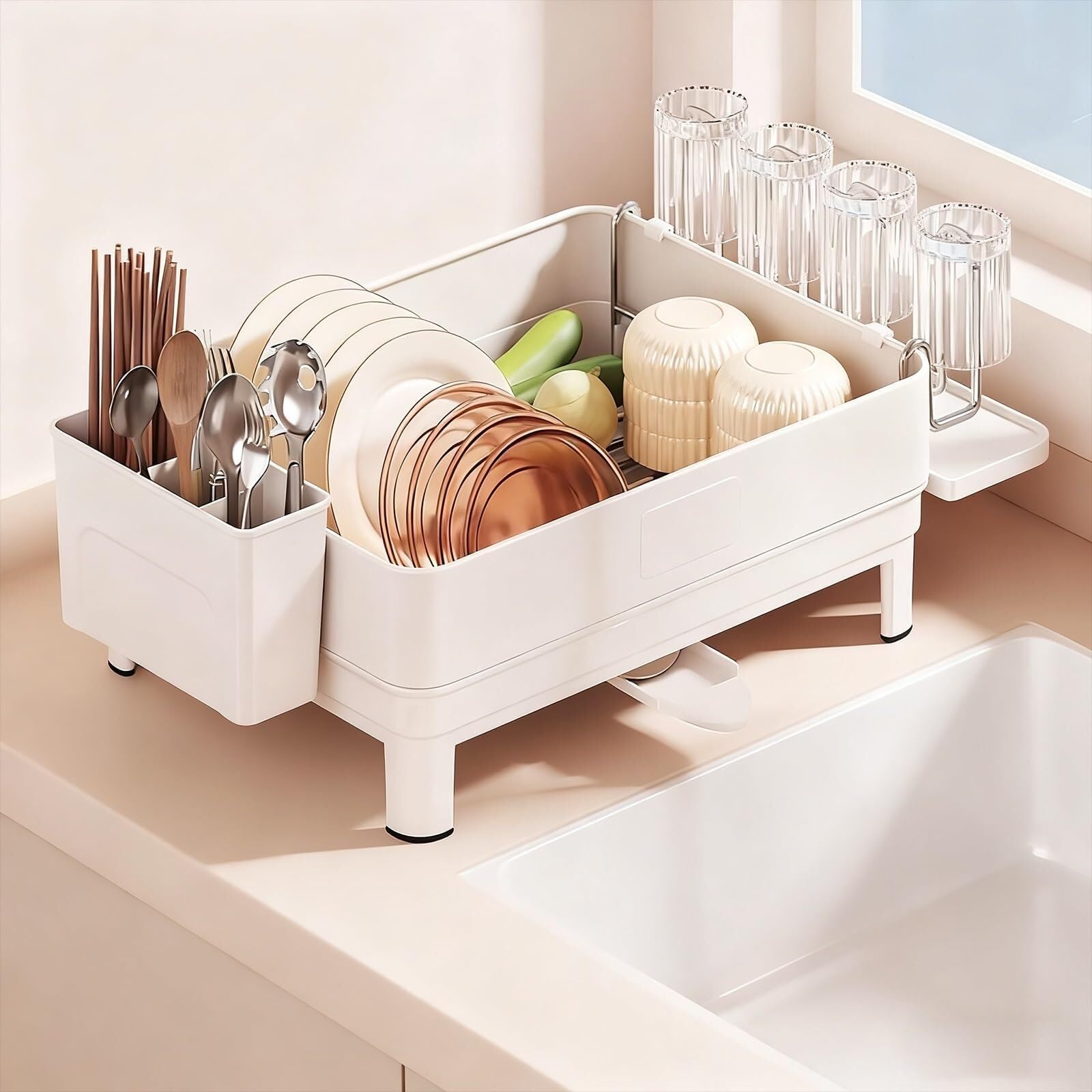 Lkvent dish drainer Dish Drying Rack for Kitchen Counter, Dish Drainers with Automatic Drainage Space Saving Kitchen Organizer drying(Bright Moon White,Single layer)