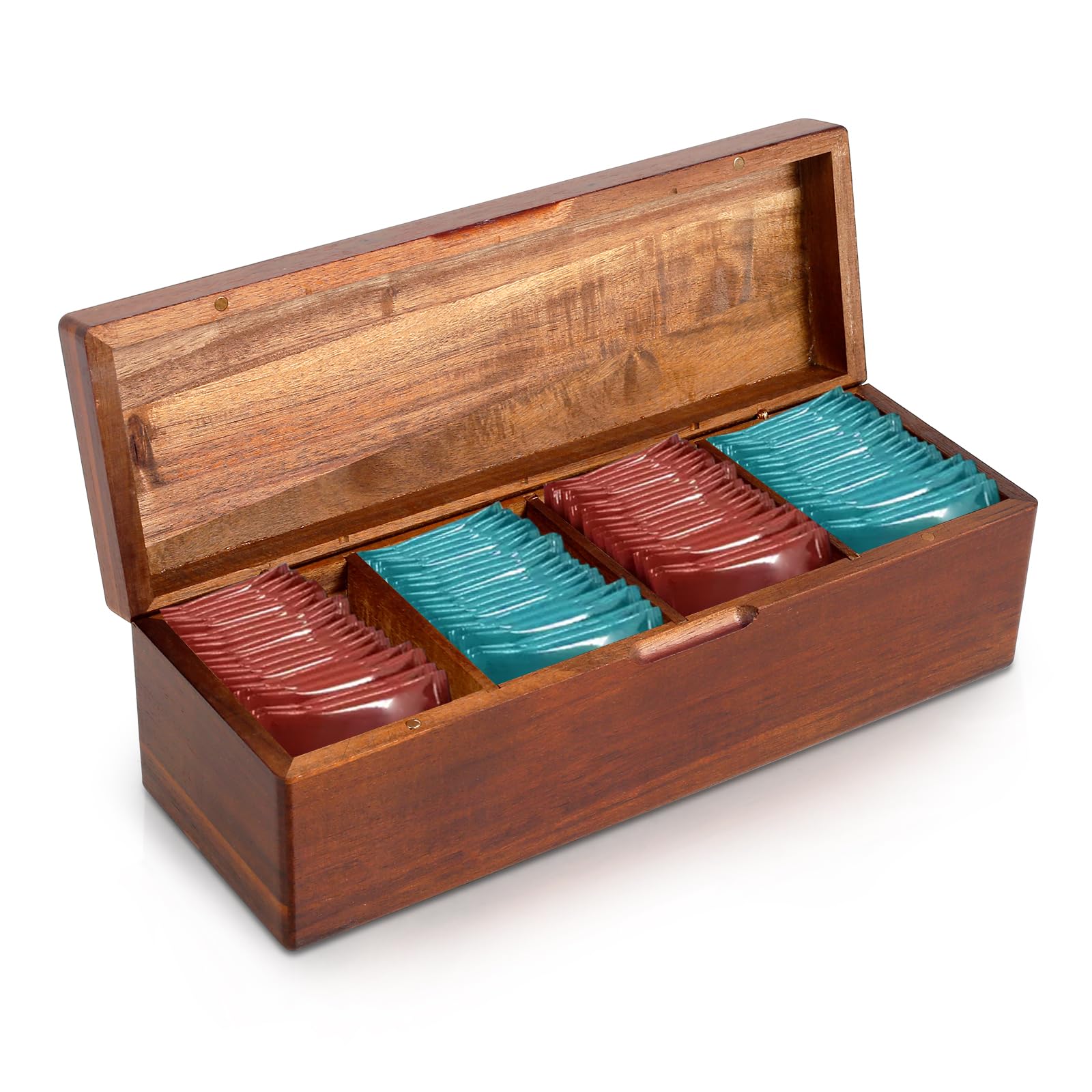 Ghshanog 4 Grid Tea Bag Box,Wooden Tea Storage Box With 4/8 Compartments,31X10.5x9.5cm Teas Bags Organizer Coffee Bag Holder Teas Chest Container With Lid For Sugar, Coffee Pods(4 Grid)