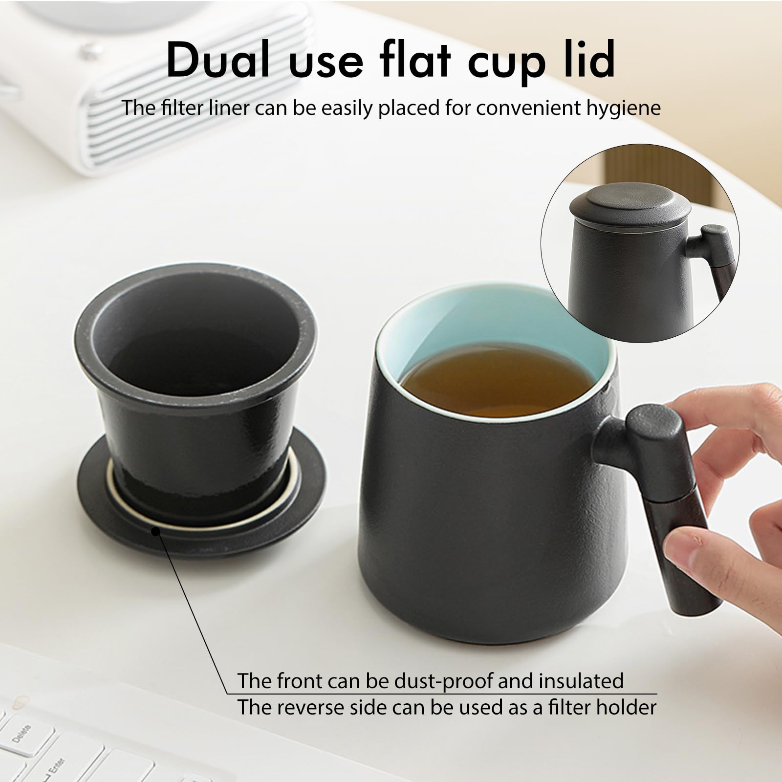 Teetasse mit Deckel und Sieb, 400 ml Holzgriff Teebecher, Matte Keramik Teetassen mit Teesieb und Deckel, Teetasse mit Teesieb für Teeliebhaber, Handgesprühte Schwarze Glasur für Tee Geschenke