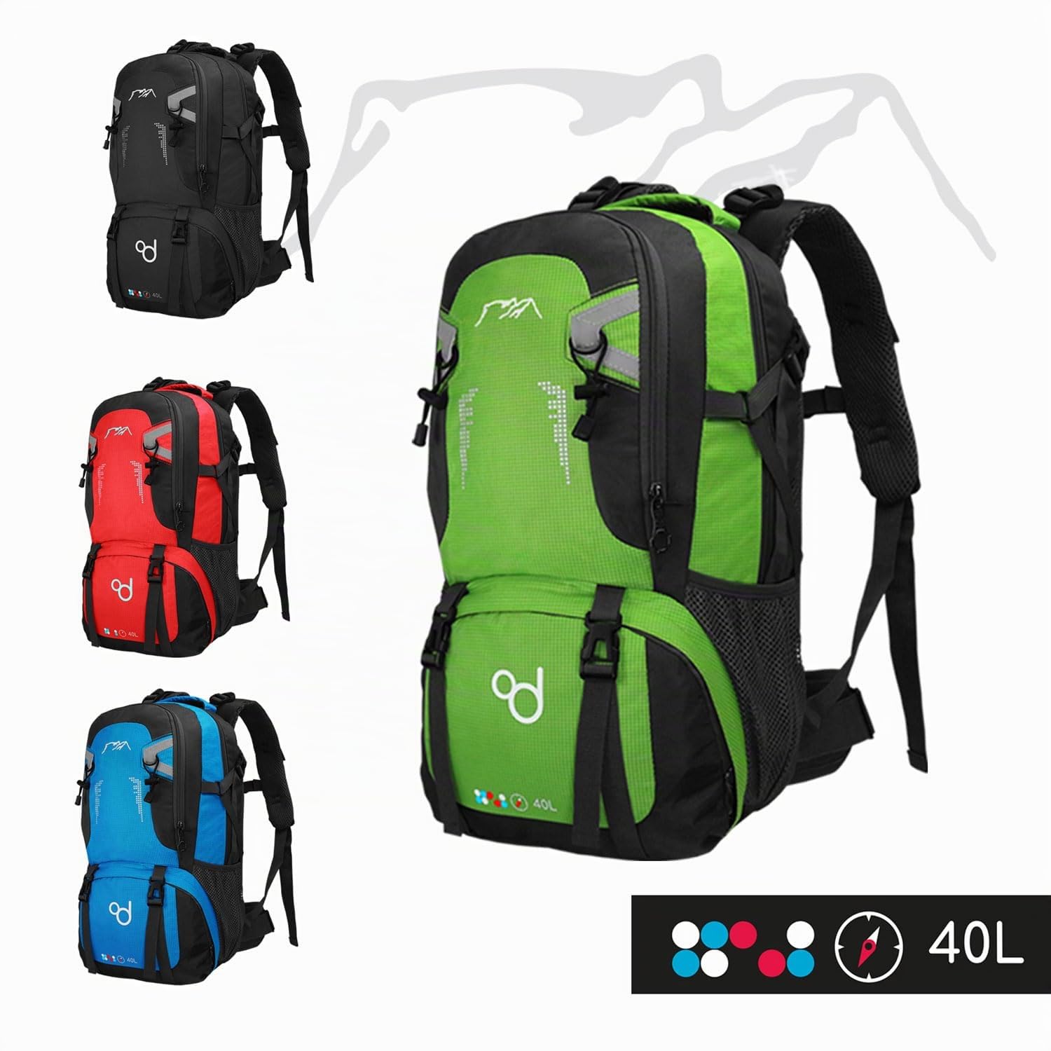 OcioDual Mochila Senderismo 40 Litros, Mochila Trekking, Montaña y Camino de Santiago, Multifuncional, Ligera, Mochilas Hombre para Camping, Acampada, Marcha Nórdica, Supervivencia, Verde