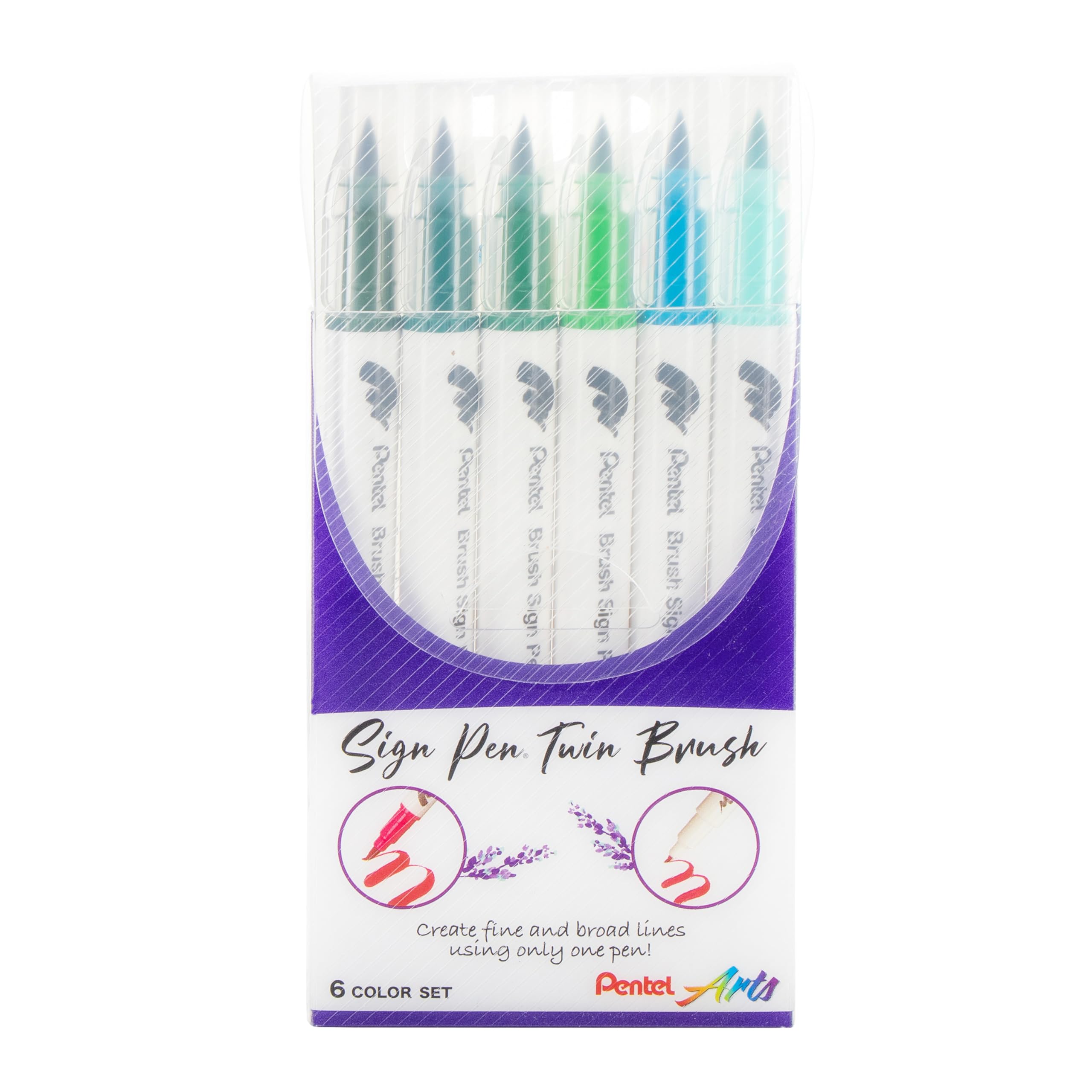 Arts Sign Pen Twin Brush, Pack of 6 Pens, Green Hues (SESW30CPC6-3)