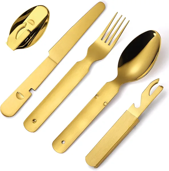 A · HOUSEWARE Picnic Silverware Gold Camping Cutlery Fork Knife Spoon Bottle Opener 4 Pieces Flatware Utensil Kit Foldable for Outdoor Kitchen Daily Use Easy To Clean
