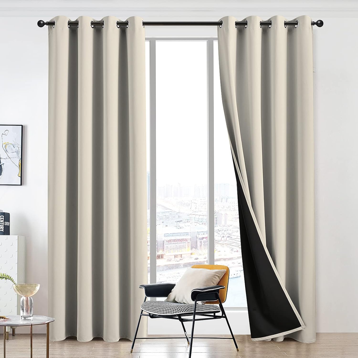 100% Blackout Curtains 54 inch Length for Bedroom, Thick Noise Reduction Thermal Insulated Grommet Window Drapes Room Darkening Curtains for Living Room, 2 Panels (42x54 inches,Beige)