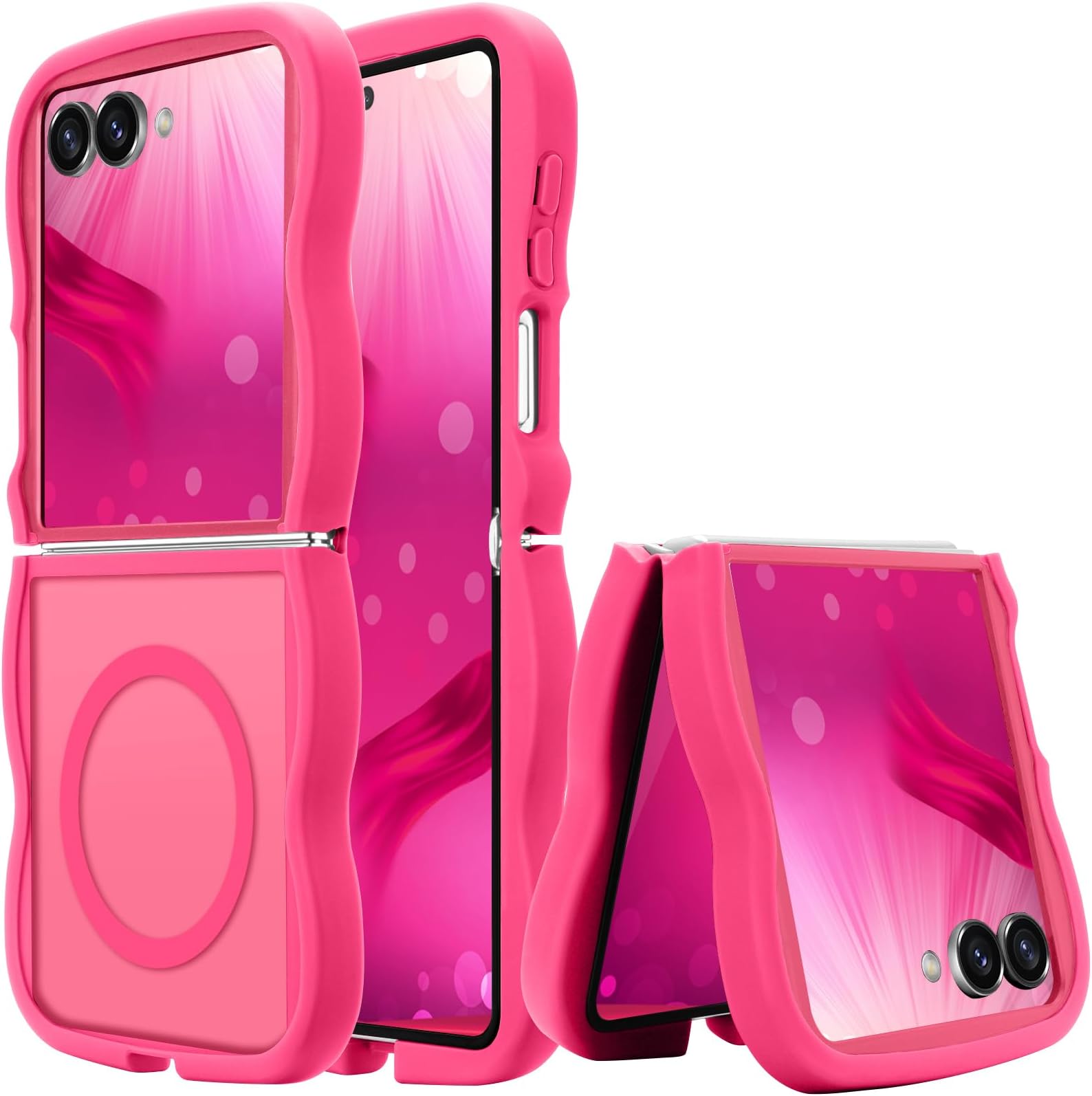 for Samsung Galaxy Z Flip7 Case, Curly Wavy Frame Hard Translucent Matte Clear Back Cover for Women Men Compatible with Magsafe Shockproof TPU Bumper Phone Case for Samsung Z Flip7, Hot Pink