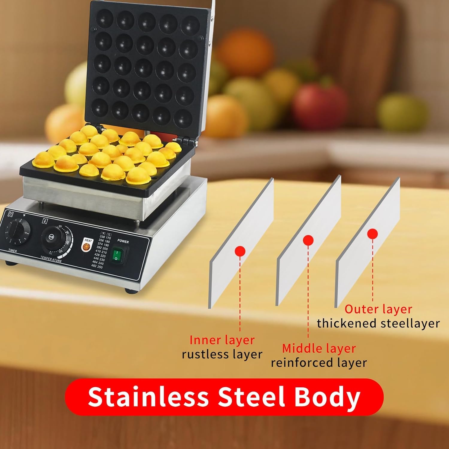 Piastra Elettrica Professionale per Waffle A Bolle, Set da 25 Piastre Antiaderenti in Acciaio Inox, Temperatura Regolabile da 50 A 300 °c/122 A 572 °f, Ideale per Ristoranti, Famiglie E Negozi