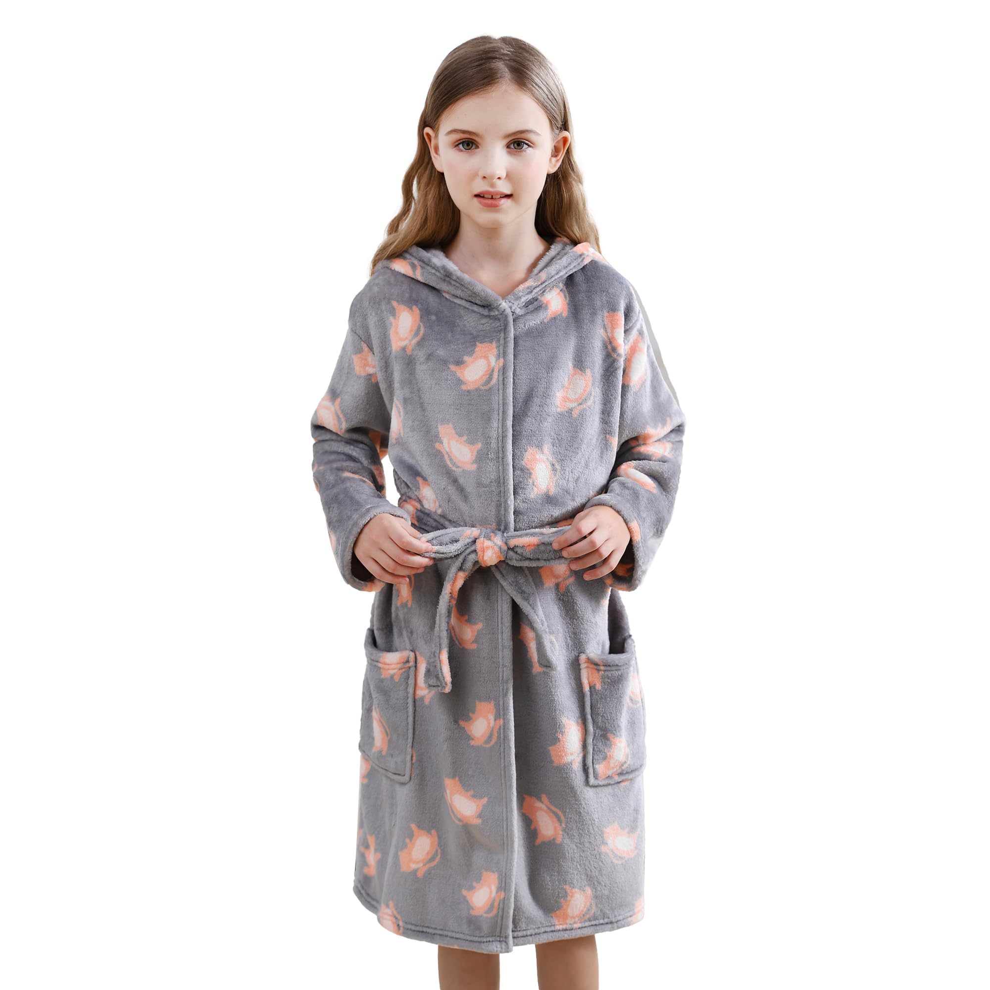V.&GRIN Girls Fleece Hooded Robe, Kids Soft Plush Warm Printed Bathrobe Sleepwear Gifts for 5-14 Years