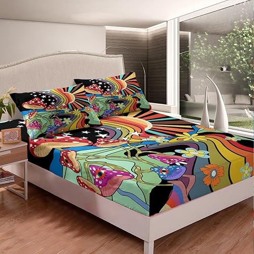 Vista 287 de Erosebridal Juego de sábanas de mariposa azul, tamaño matrimonial, sábanas de hongos y polilla de libélula, sábana encimera de fase lunar, sábana