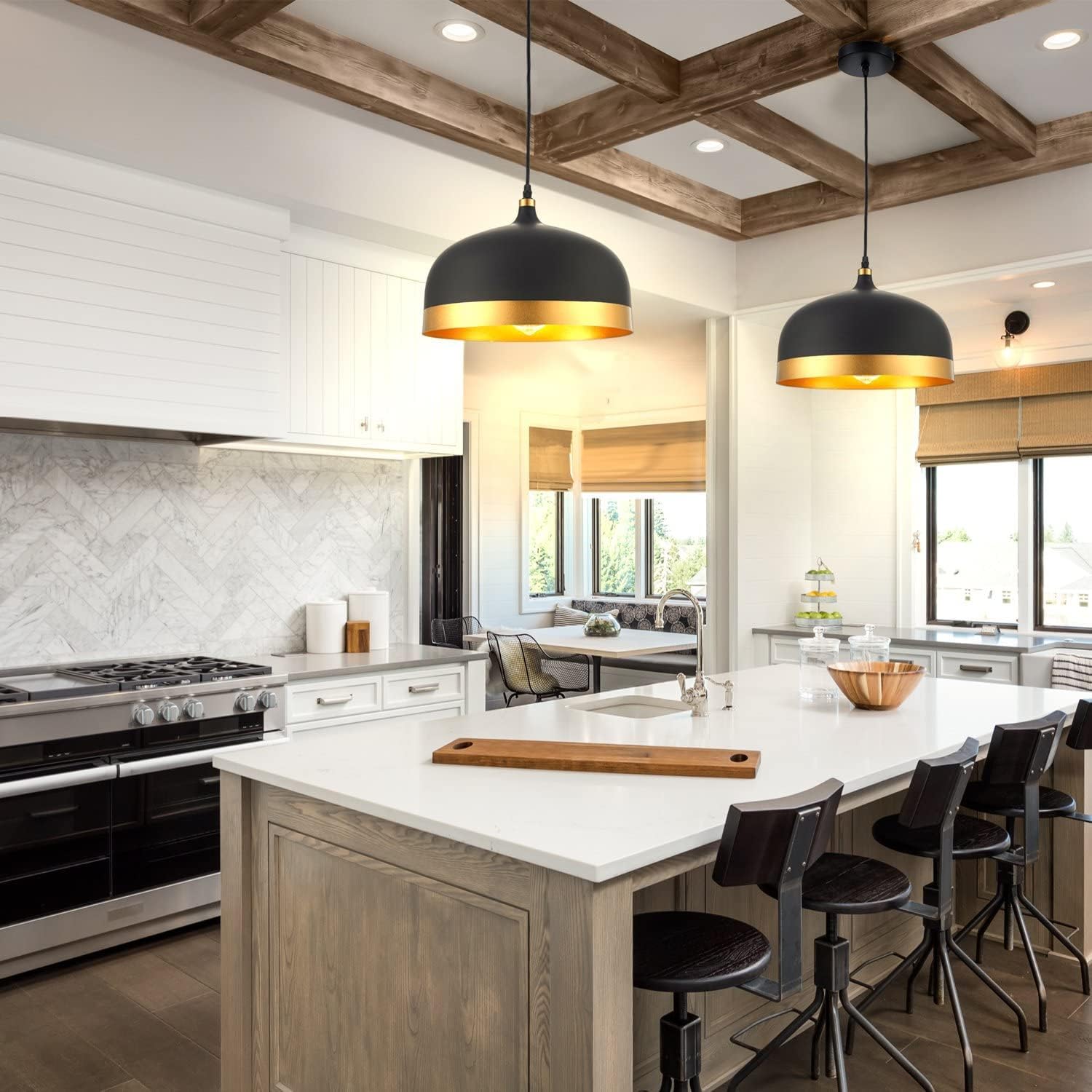 Black & Gold Kitchen Pendant Light, Matte Black Adjustable 1 Light Mini Chandeliers Mid Century Modern Ceiling Hanging Light Fixture for Dining Room Entryway Restaurant Cafe Bar Barber Shop