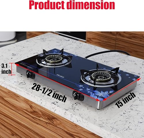 Miniatura 2 de Hothit Estufa de gas de 2 quemadores de propano al aire libre, 28600 BTU, encendido automático portátil GLP vidrio templado para camping, barbacoa