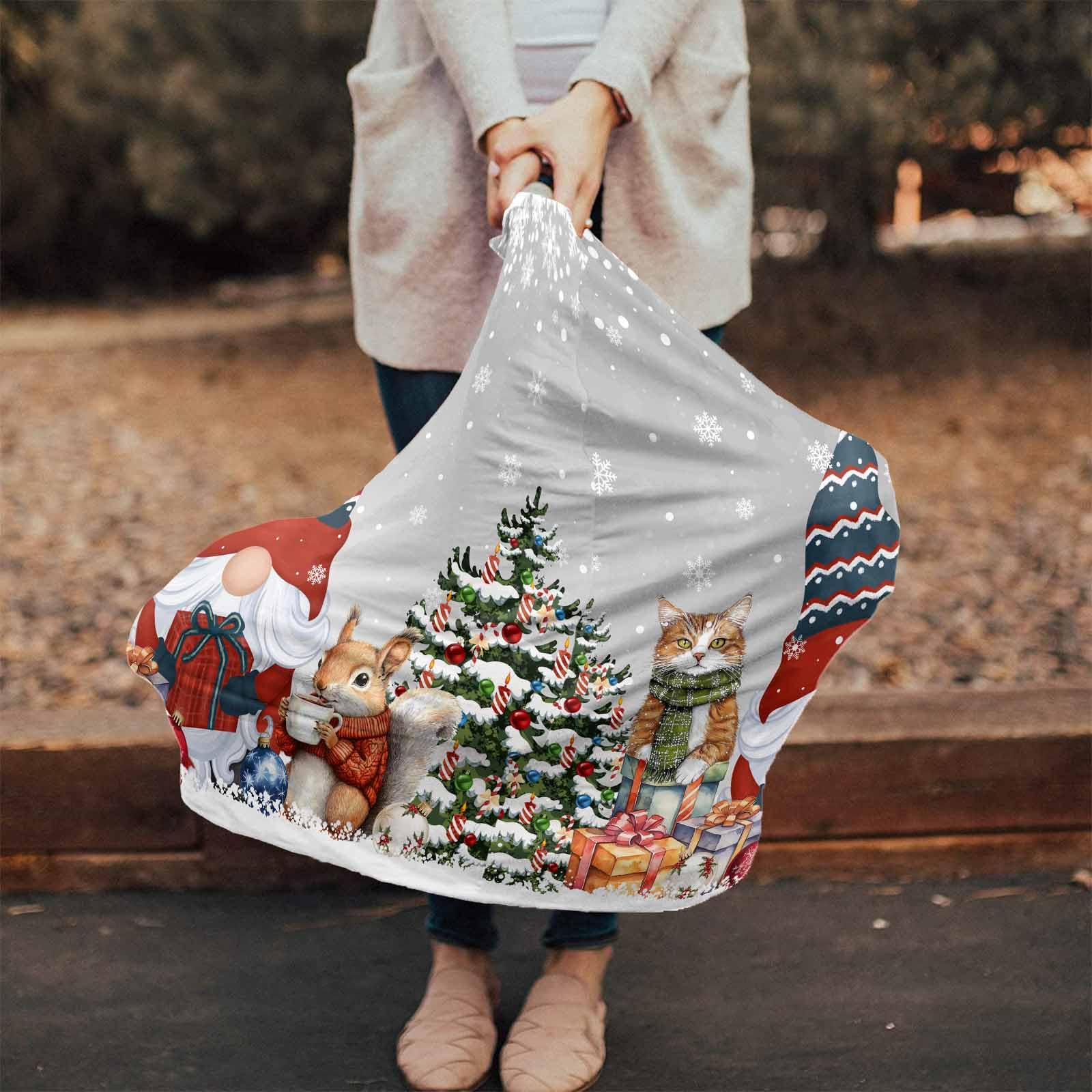 Nursing Cover for Breastfeeding Scarf, Merry Christmas Gnomes Xmas Tree Squirrel Cat Grey Baby Car Covers Super Soft Multi Use for Canopy Shopping Cart Cover Blanket Stroller Cover