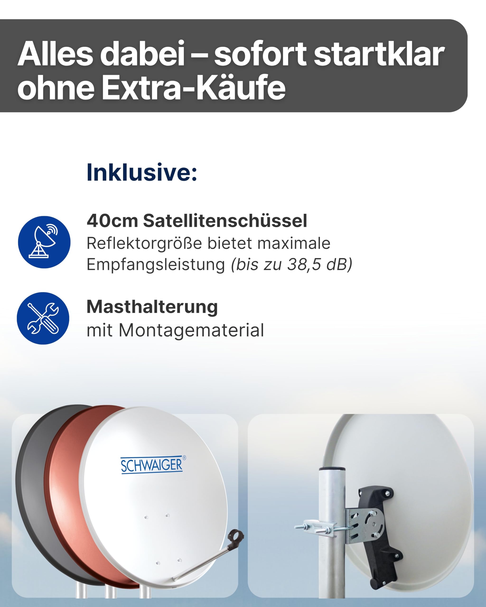SCHWAIGER Satellitenschüssel I Ø 40 cm Stahl Offset Antenne in hellgrau I Multifeed geeignet & wetterfest I SAT Schüssel mit LNB Tragarm & Masthalterung I maximale Empfangsleistung 32,6dB