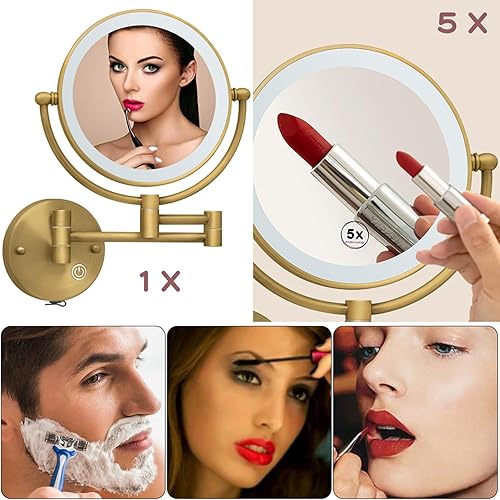 Miniatura 3 de Espejo de maquillaje de latón montado en la pared con luces y aumento, espejo de aumento iluminado recargable para montaje en pared con 1X y 5X,