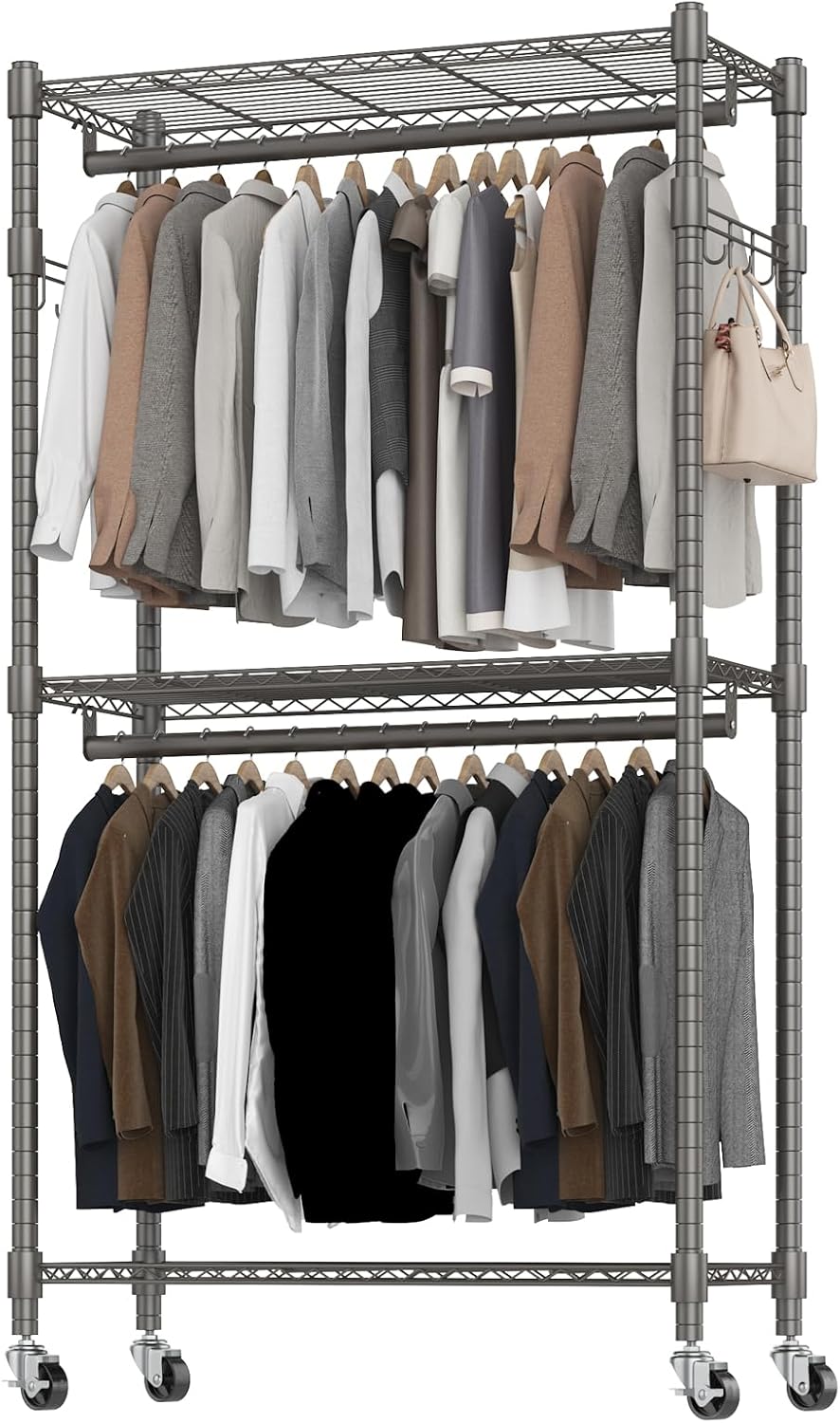 BATHWA Rolling Garment Rack Portable Closet Clothes Rack for Hanging Clothes, Metal Wardrobe Clothing Rack with Wheels and 8 Side Hooks, Double Rods, Adjustable Shelves, Gray Gray 35.5"W x 16.5"D x 80.7"H