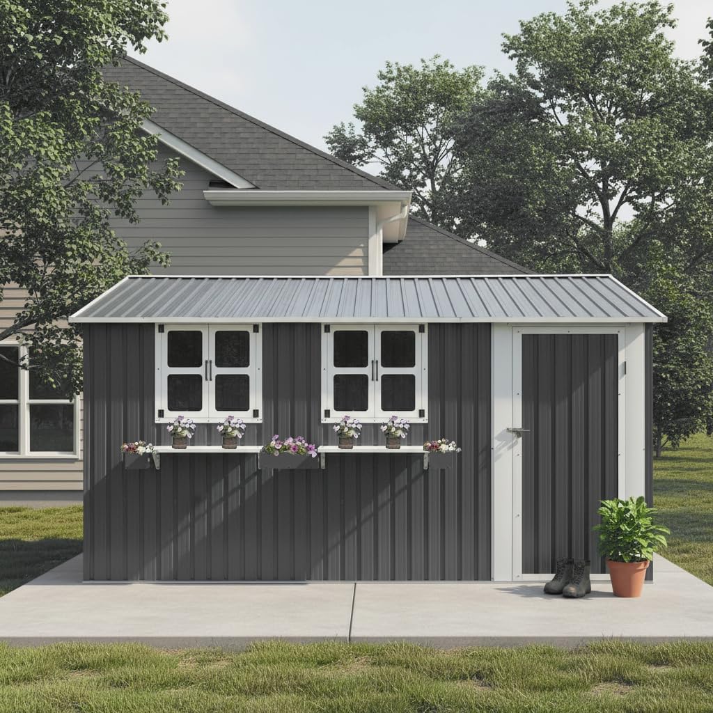 12x10 FT Outdoor Metal Storage Shed – Grey Steel Garden Tool Shed with 3 Clear Windows & Lockable Door | Heavy-Duty, Weatherproof and Rust-Resistant Backyard Storage — Zaynora Luxury Marketplace