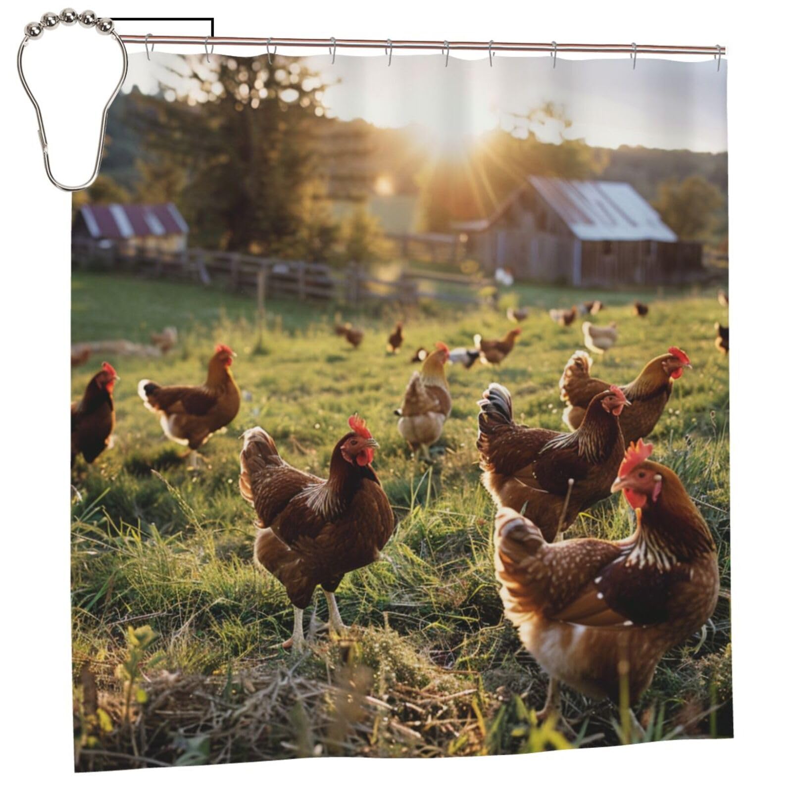 BWWHCCTI Chickens and Farm Printed Shower Curtain With 12 Iron Hooks Opaque Quick Drying Waterproof Shower Curtains Sets For Bathroom 183x183 CM
