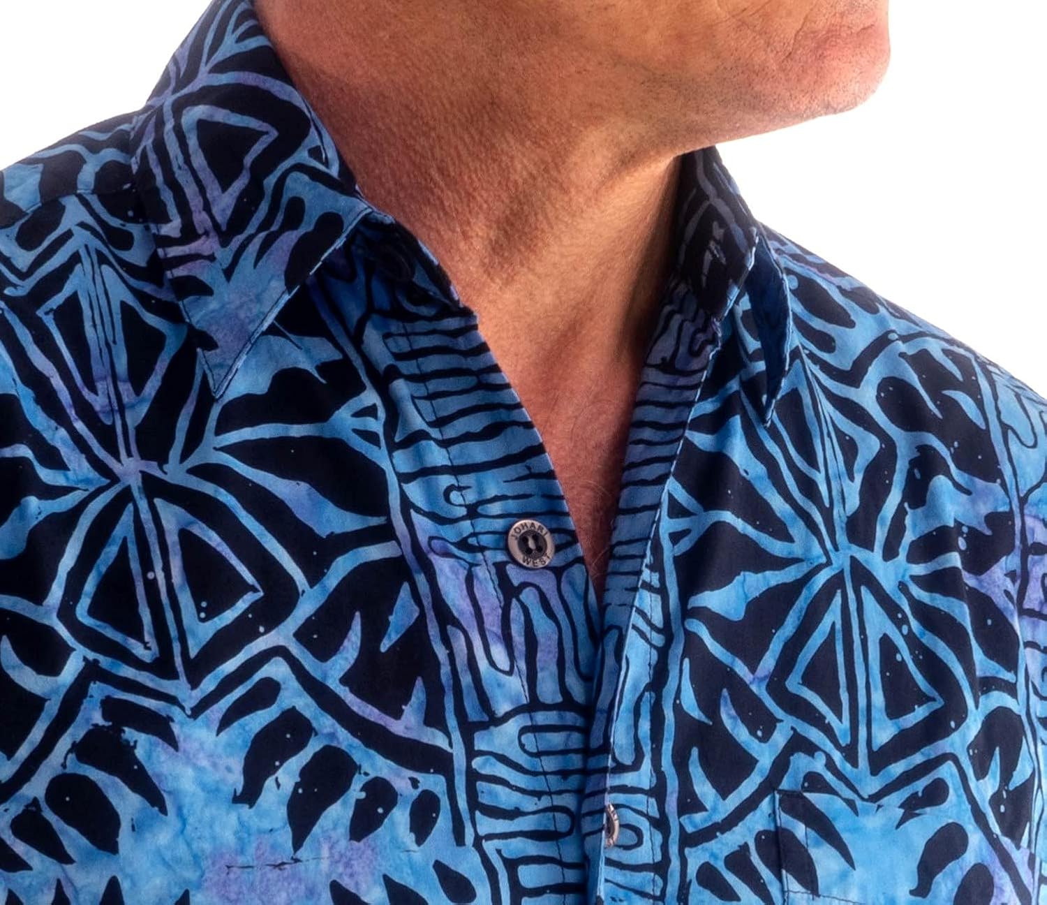 Johari West Hawaiian Short Sleeve Cotton Button-Down Batik Shirt for Men (Geometric Forest) - Image 2