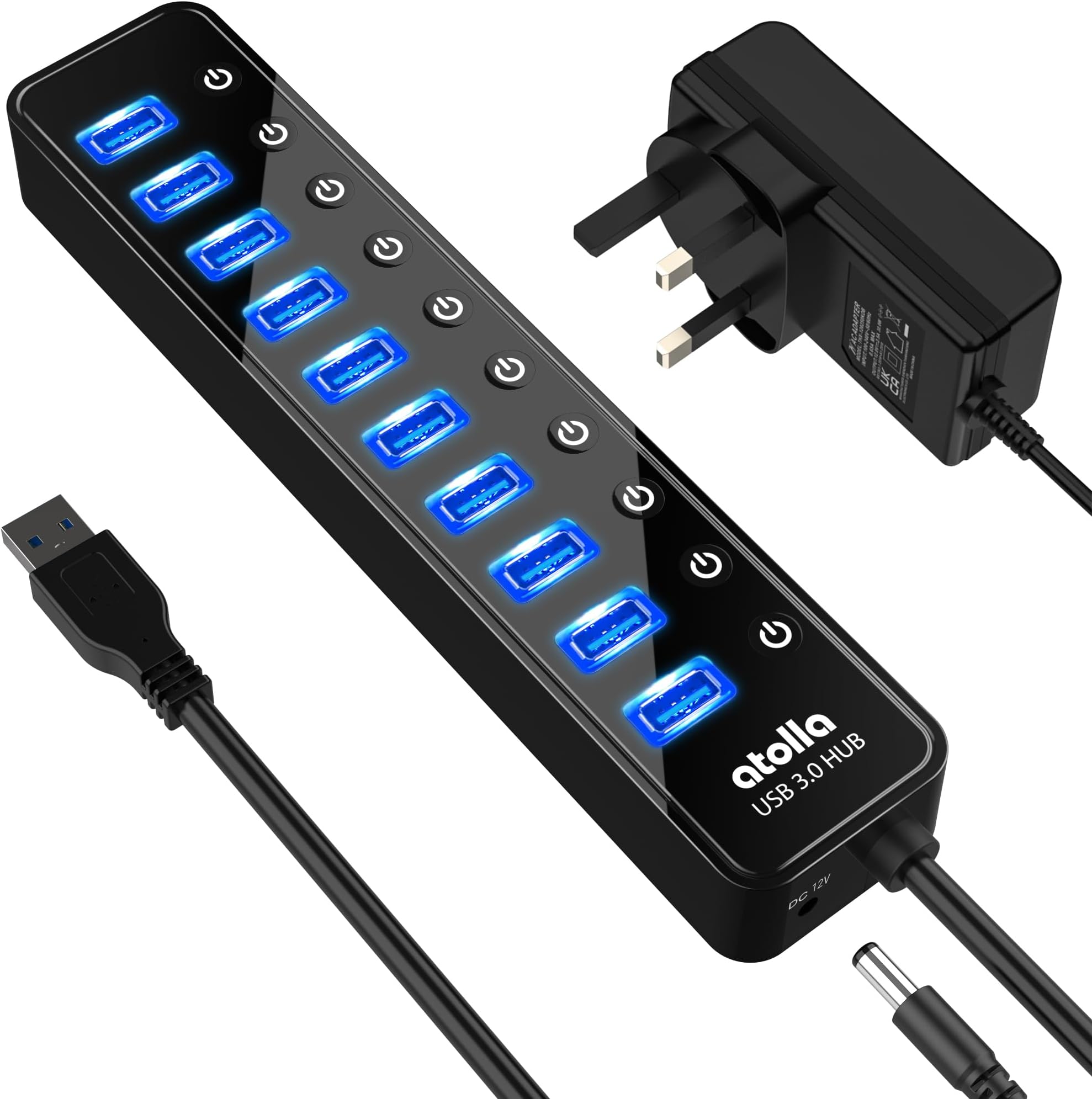 atolla Powered USB 3.0 Hub, 10 Ports Data Hub Splitter with Individual ON/Off Switches and 12V/2.5A Power Adapter Extension for Mouse, Keyboard, Hard Drive More Devices, Black, (QF-UD50)