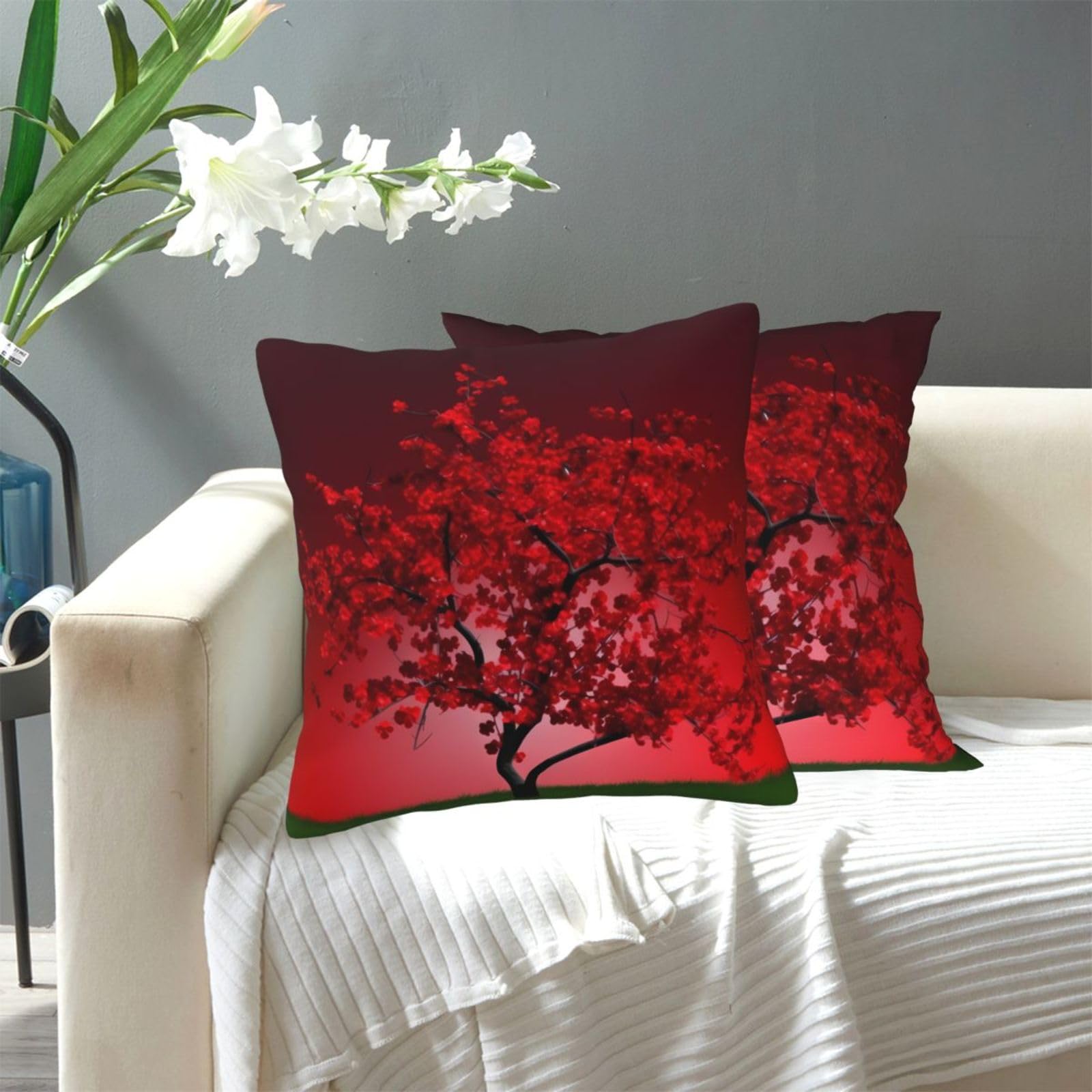 FekiLoot Decorative Throw Pillow Covers Modern Farmhouse Pillowcase Double Sided Cozy Cushion Cover for Sofa Couch Bed 16"X16" Red Cherry Blossom