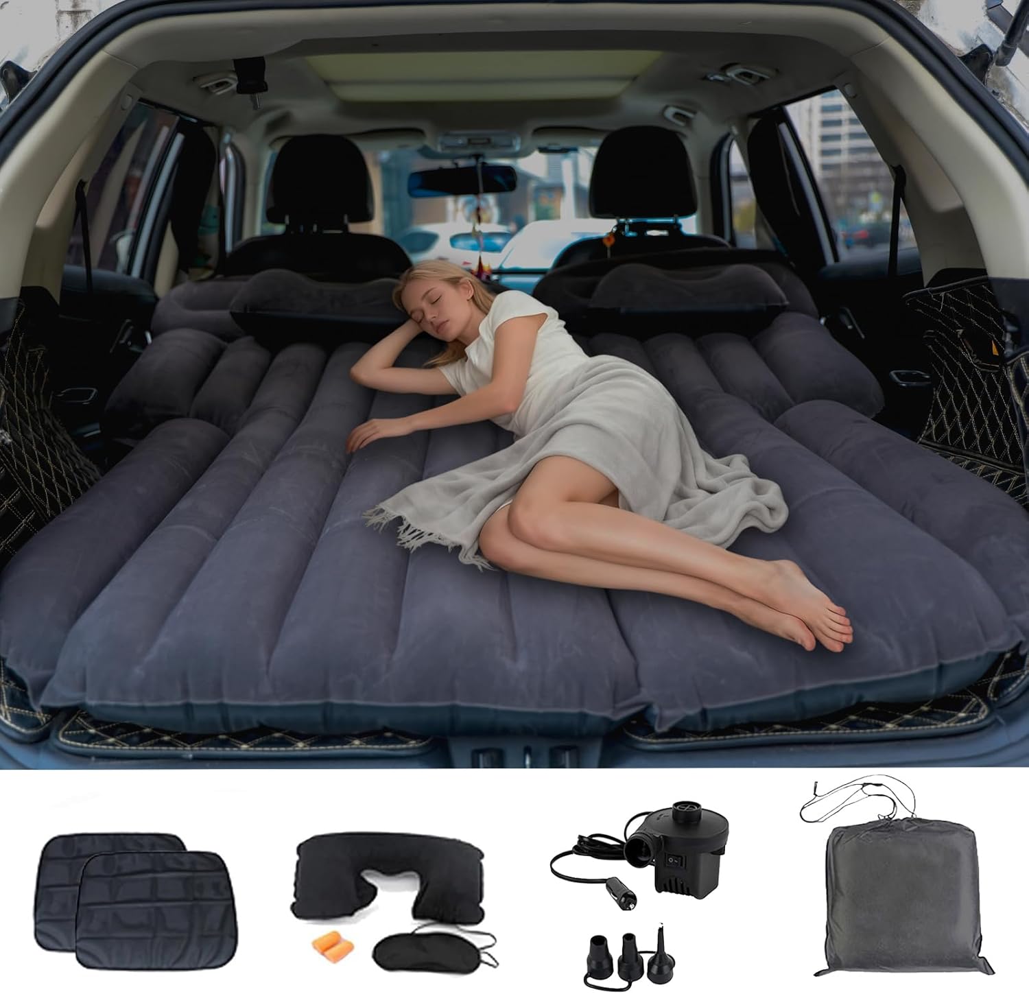 Inflatable SUV Air Mattress,Thickened Flocking Car Travel Camping Bed with 2 Pillows & Air Pump,Portable Car Sleeping Mattress for SUV Trunk and Rear