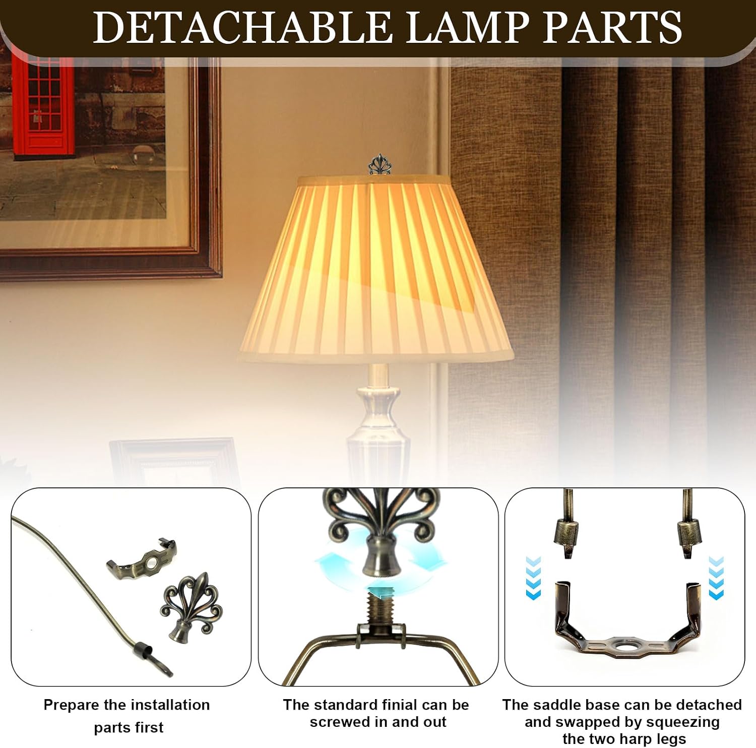 7IN Detachable Lamp Shade Harp Holder with Bronze Flower Lamps Finials image 5