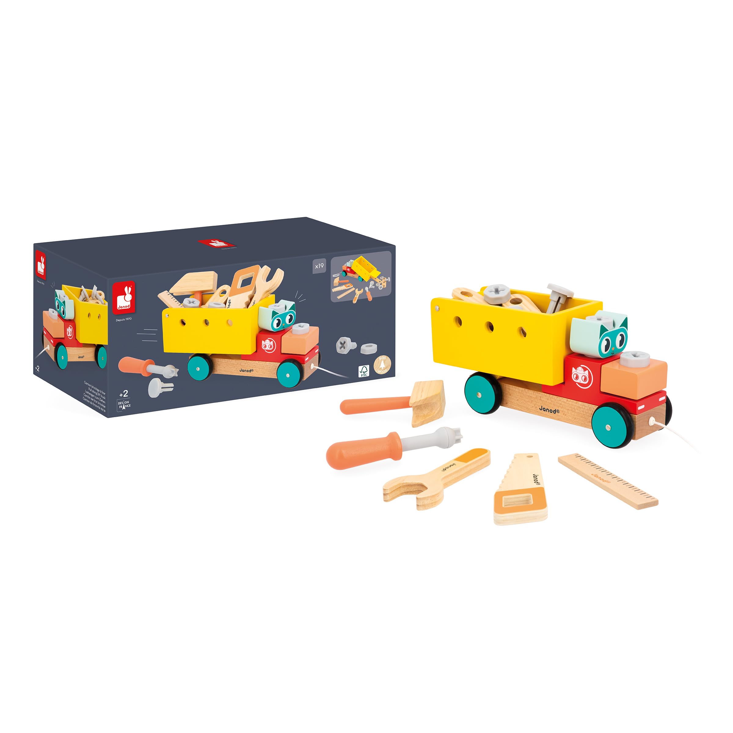 Janod - Mon Premier Jeu de Construction - Camion de Bricolage à Tirer - 23 Accessoires - Imitation - Motricité Fine & Créativité - 24 Mois + - J06451