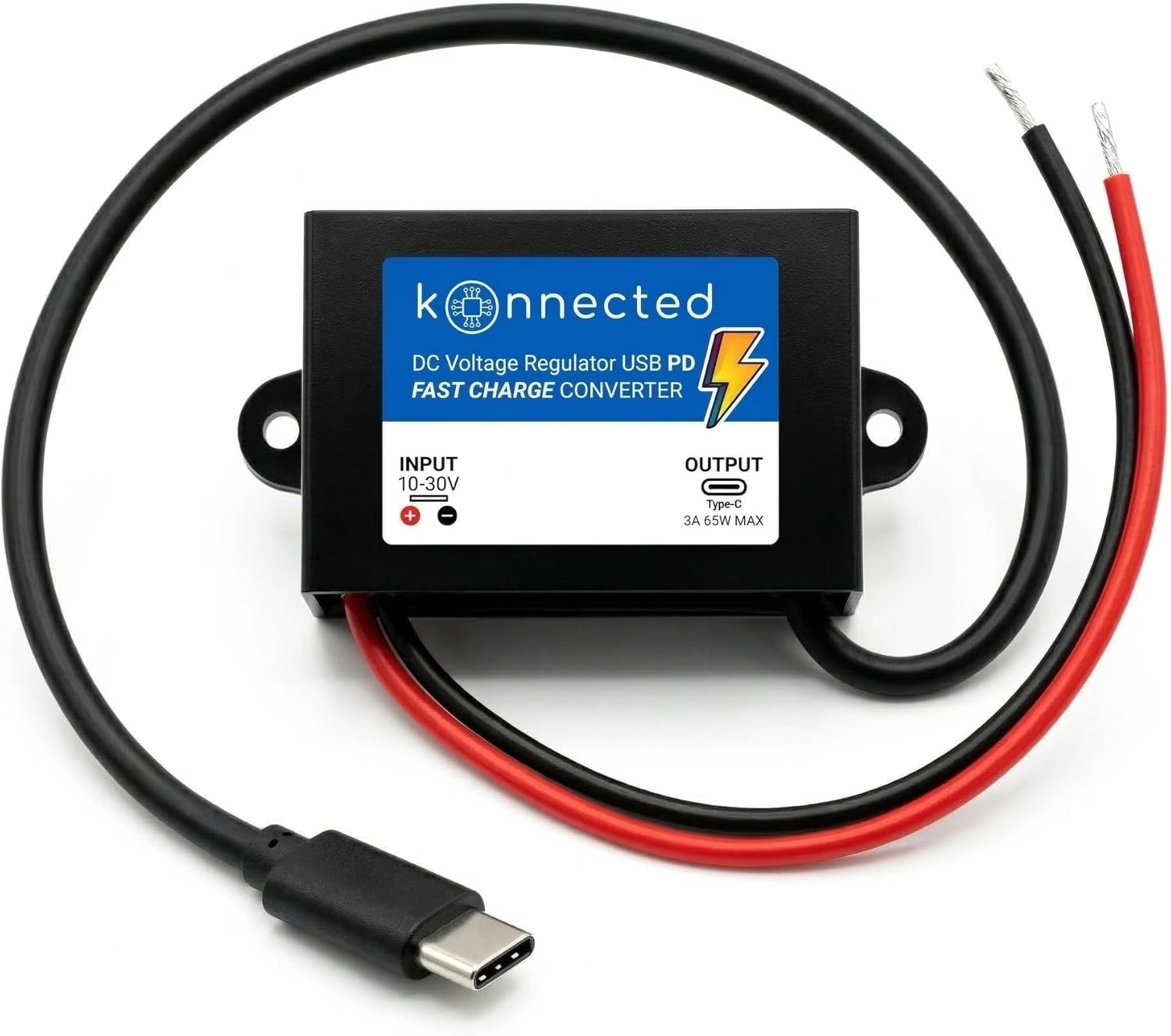 Konnected DC to USB-C PD Fast Charge Converter, 10-30V Input, 65W Max - Hardwire Car, Alarm Panel, Raspberry Pi