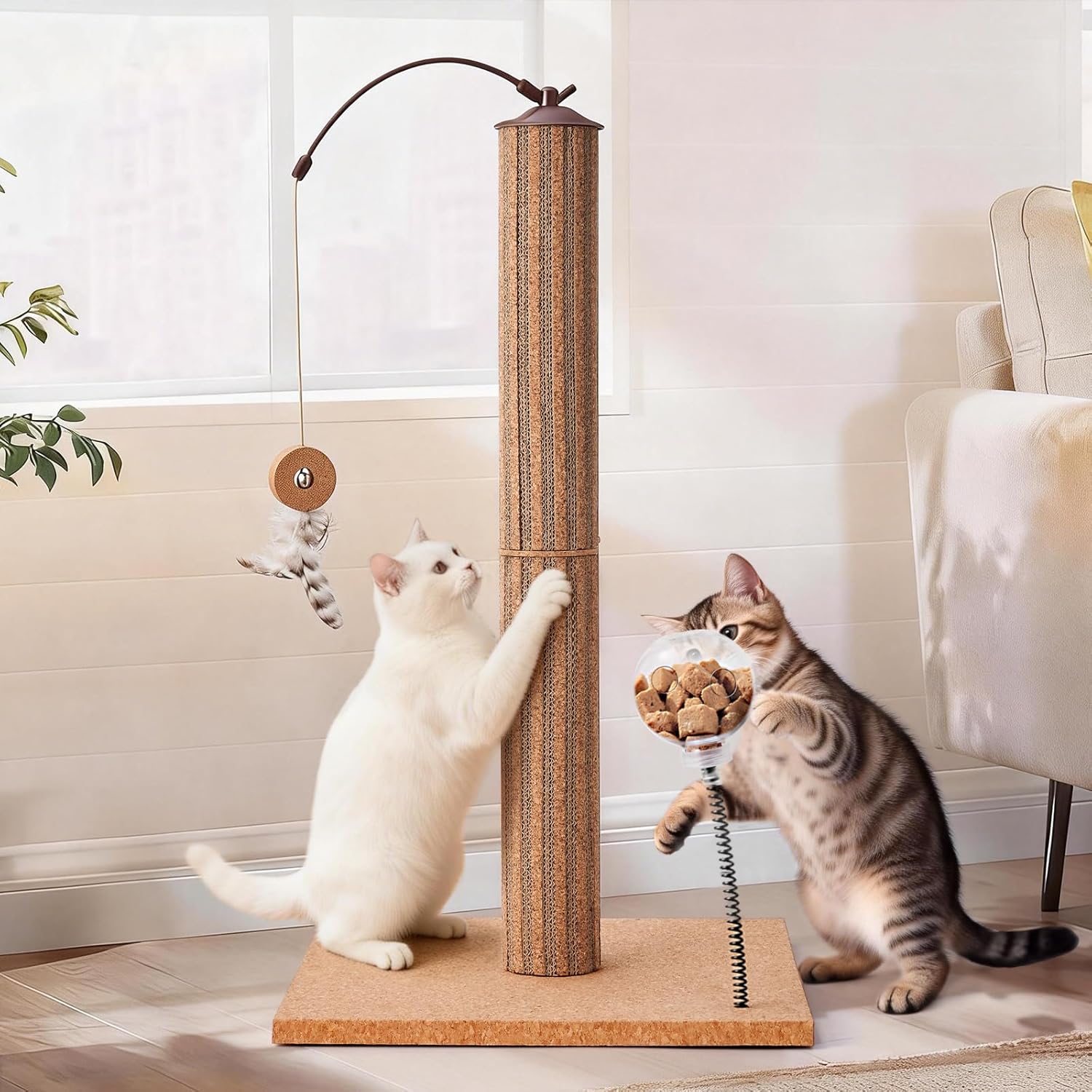 Kitten Claw Friendly Scratching Post Cork & Cardboard Mix Indoor 26" Premium Durable Nature Kittens Scratch Post Tree with Snack Ball & Feather Interactive Toys for Novice Cat Owner