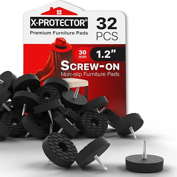 X-Protector Screw On Rubber Feet - 32 PCS 1.2" - Premium Non Slip Furniture Pads - Anti Skid Pads for Furniture Feet - Chair Leg Protectors - Furniture Grippers for All Surfaces - Protect Any Floors!