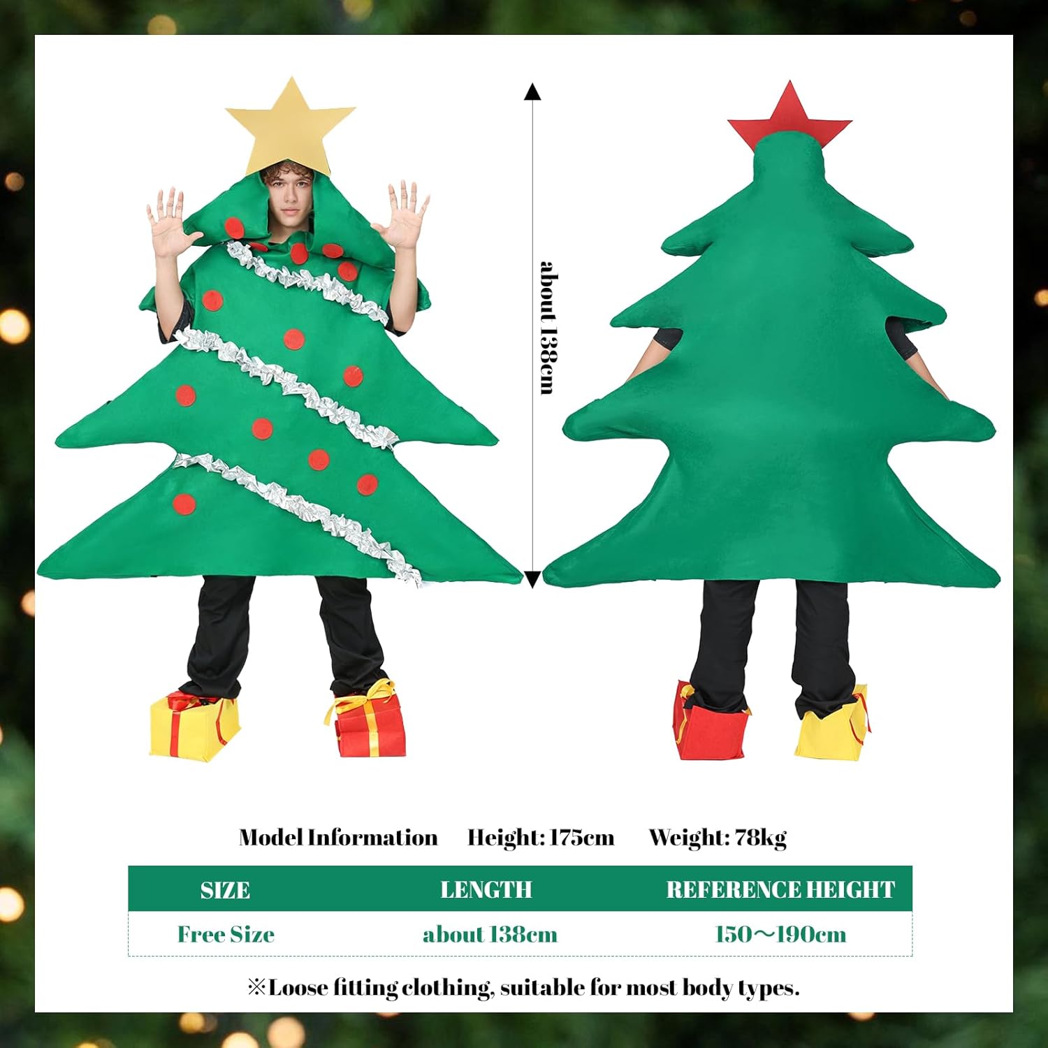 3 PCS Christmas Tree Costume for Adult Onesie with Gift Box Shoes Covers Unisex Funny Xmas Outfit Christmas Cosplay - Image 3
