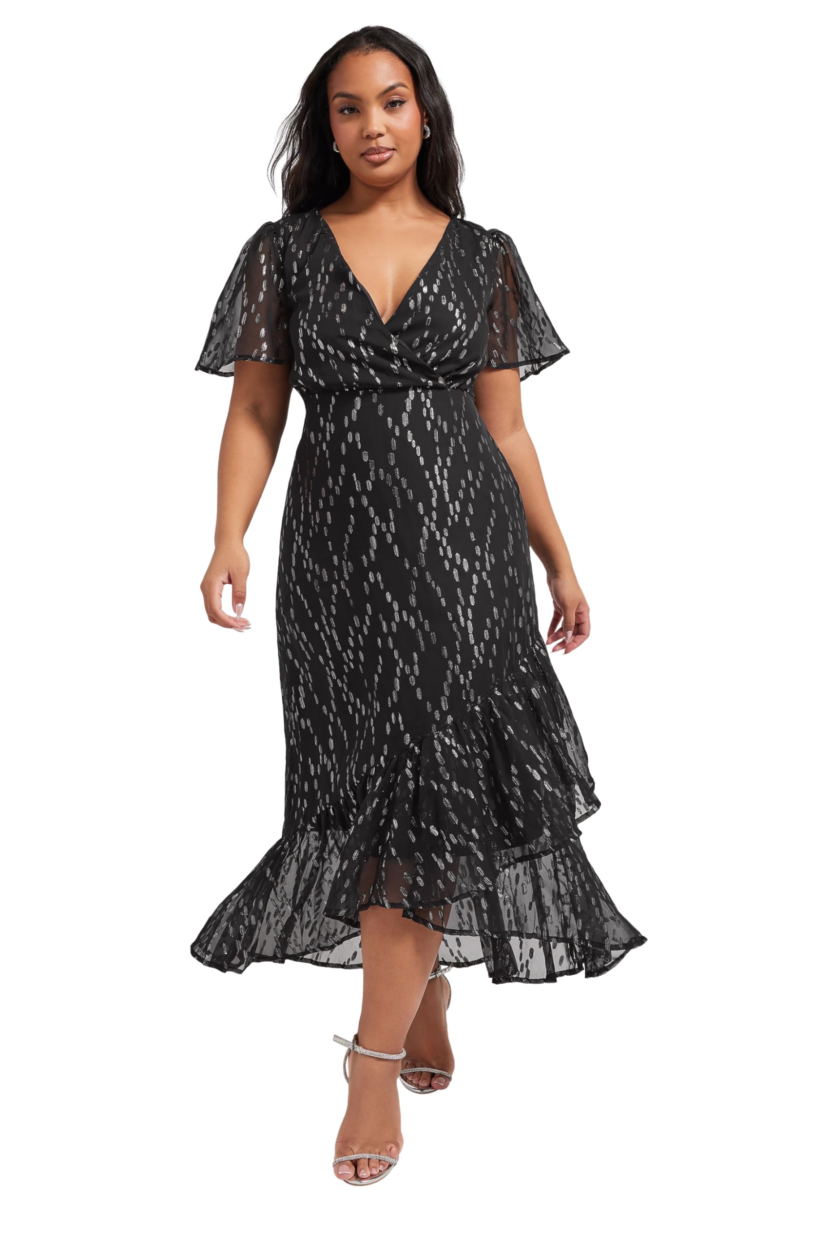 Yours London Curve Black & Metallic Dobby Wrap Dress - Women's - Plus Size Curve