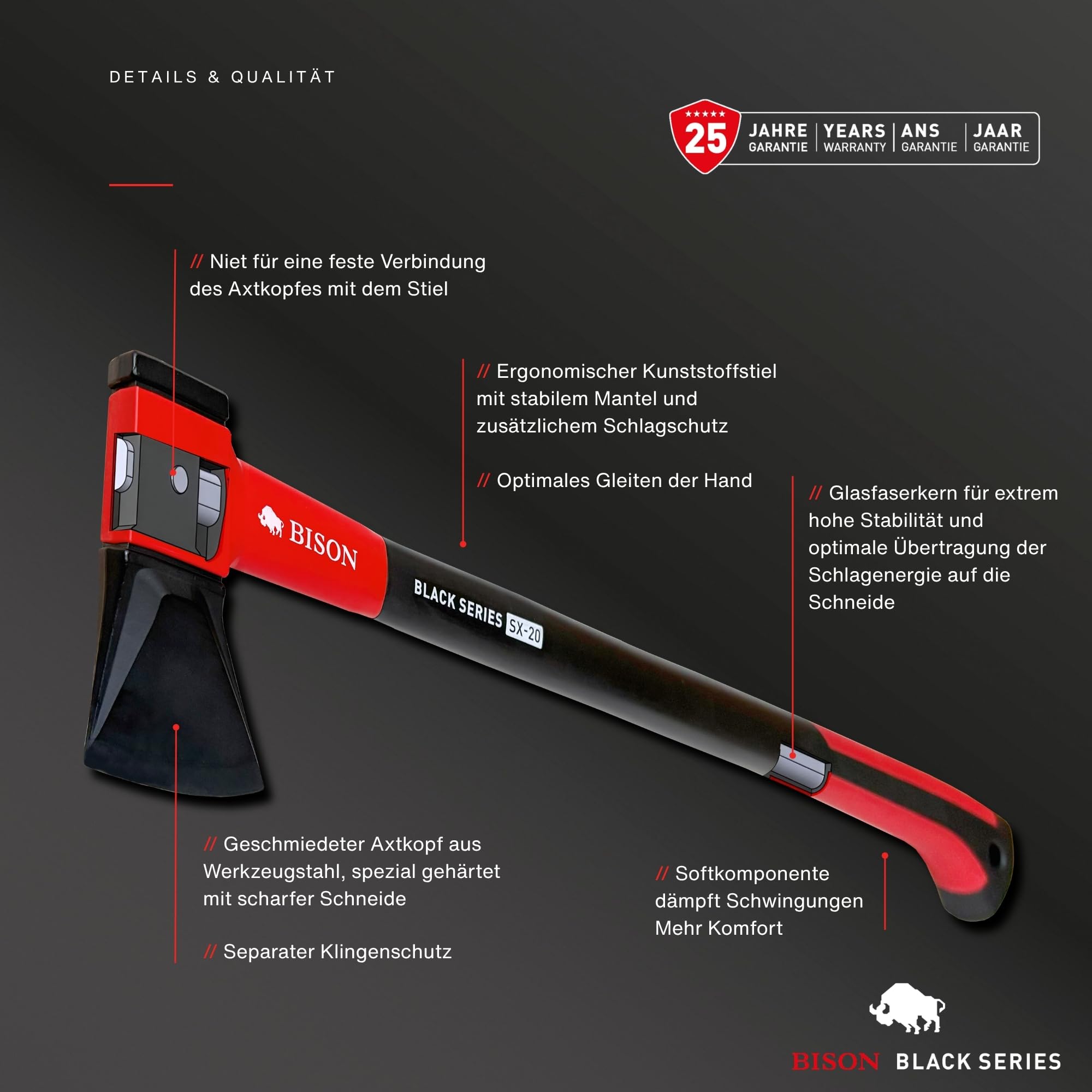 Bison Black Series UX6 Universalbeil – Kompaktes Beil mit Glasfaserstiel, kraftvoll & vielseitig, Forst-, Garten- & Campingbeil, ideal für Anmachholz & Brennholz