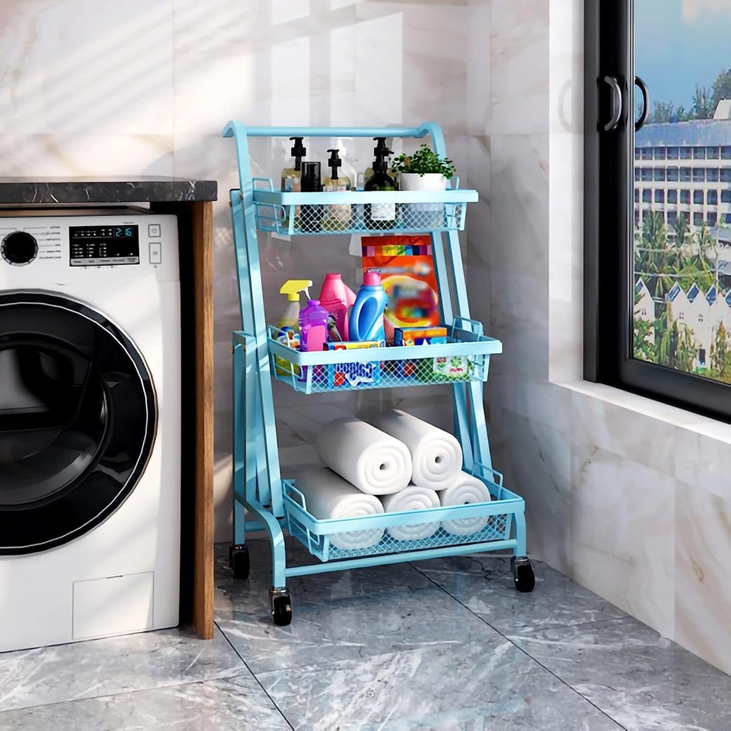 Narrow Storage Drawer Cart, 3-Tier Open Shelves Foldable Metal Rolling Storage Cart with Lock Wheels Metal Basket Cart Mobile Storage Cart Organizer for Washroom Bathroom Living Room