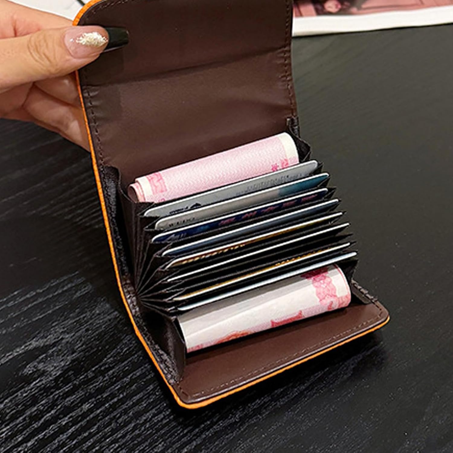 RFID Blocking PU Leather Credit Card Holder Wallet for Women, Orange Compact Accordion Card Case with Multiple Slots, Small Buckle Coin Purse, Stone Litchi Pattern ID Card Organizer - Image 7