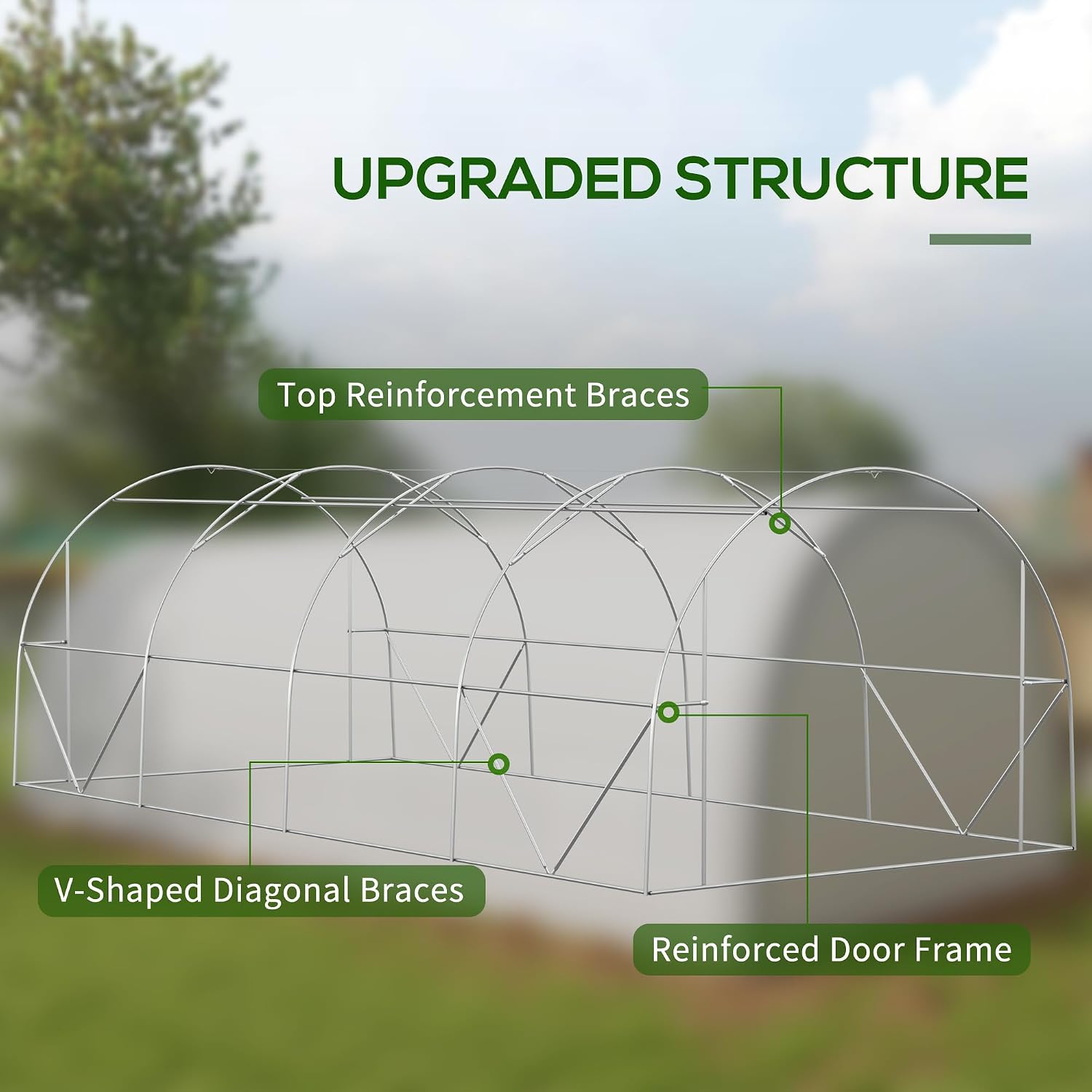 Diagram of the GOWE Walk-in Tunnel Greenhouse's upgraded frame structure, highlighting V-shaped diagonal braces, top reinforcement braces, and reinforced door frame.
