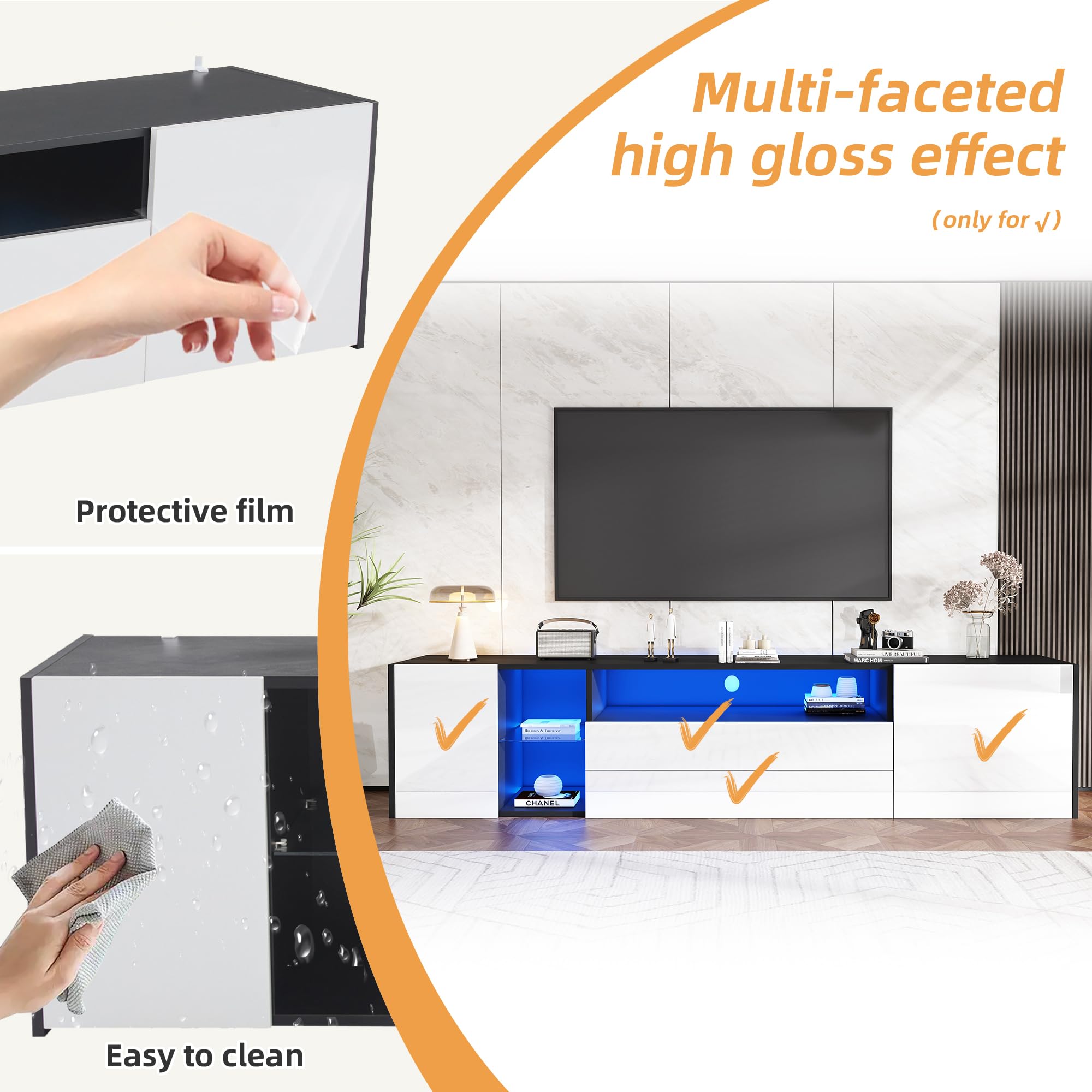 LAKFEW Mueble TV 180 cm de hasta 75 Pulgadas, Mueble TV Salon con Luz LED y 2 Cajones, Muebles TV con 2 Puertas y 2 Compartimentos de Almacenamiento, Muebles de Salon, 180x40x45 cm, Blanco + Negro