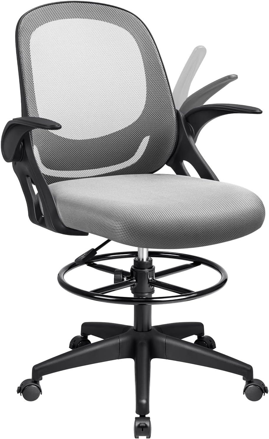 Adjustable Height Drafting Chair With Footrest Ring - Ergonomic Armless Office Chair For Standing Desks, Drawing Tables - PU Leather, 300 Lb Capacity